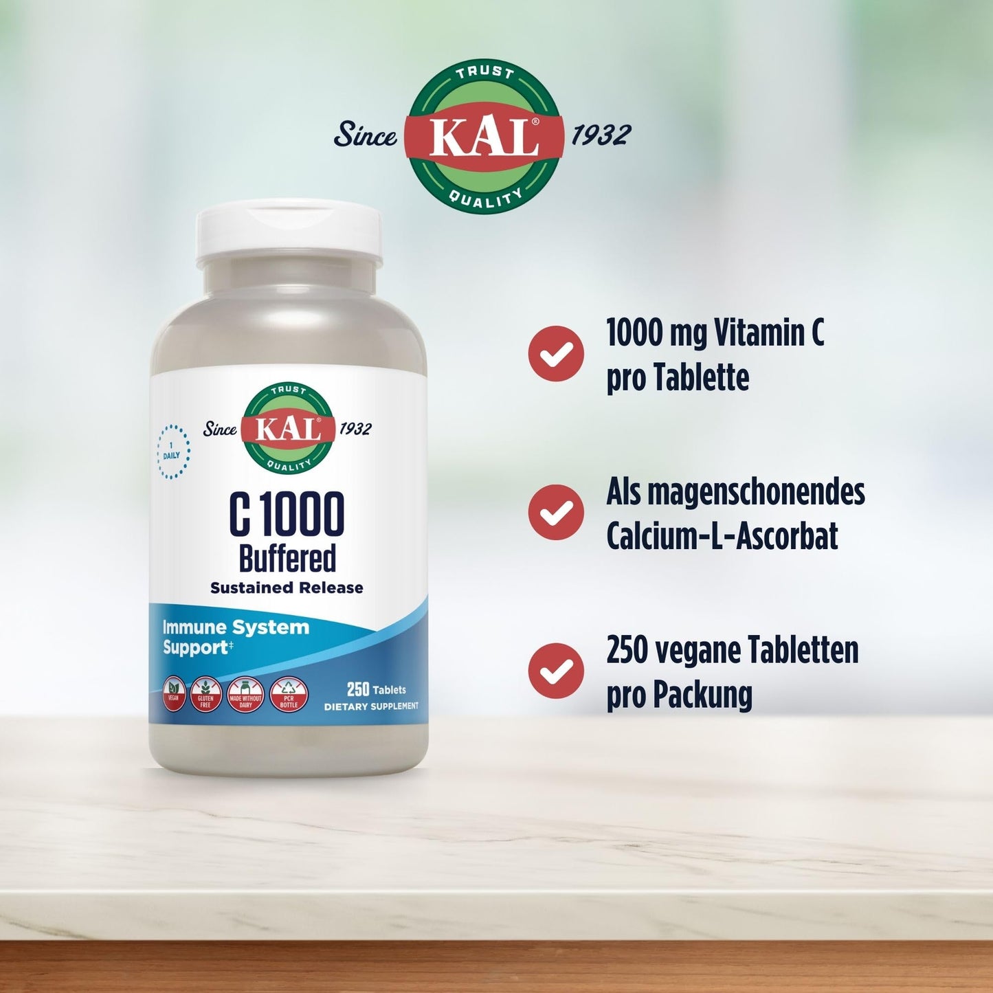 KAL C 1000 Buffered, Sustained Release Vitamin C 1000mg Tablet, 250 Tablets