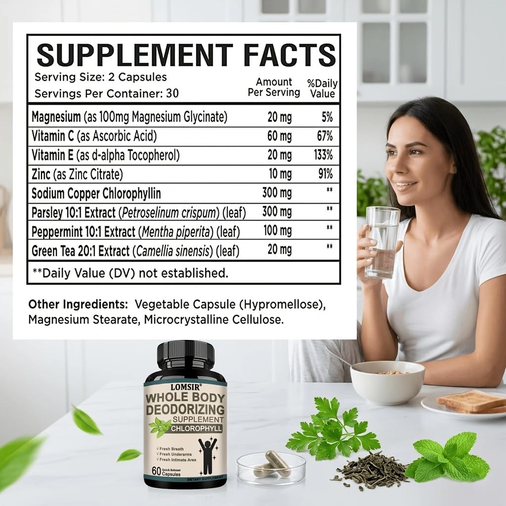 LOMSIR Whole Body Deodorizing Supplement with Chlorophyll Complex Vitamins for Women and Men Capsules, 60 Count