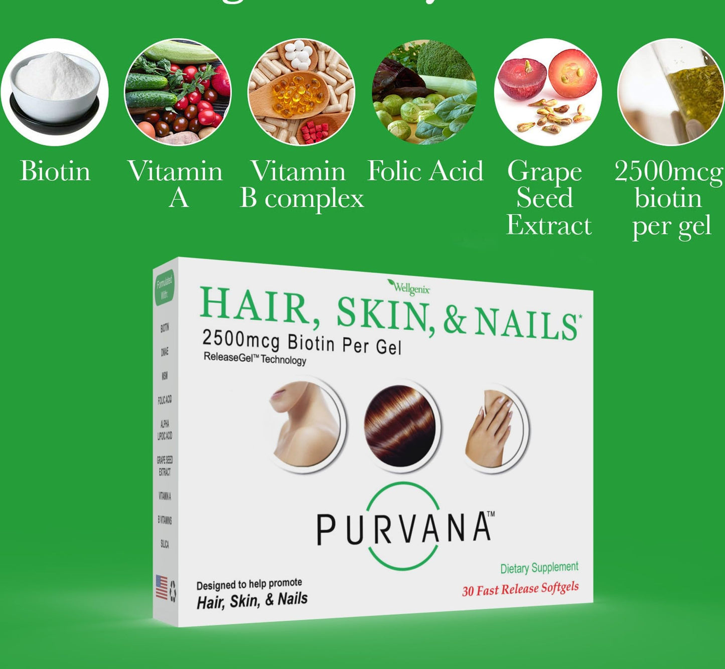 Wellgenix Purvana Hair Skin and Nails Biotin Softgels 2500mcg with MSM & B-Complex, 30 Softgels