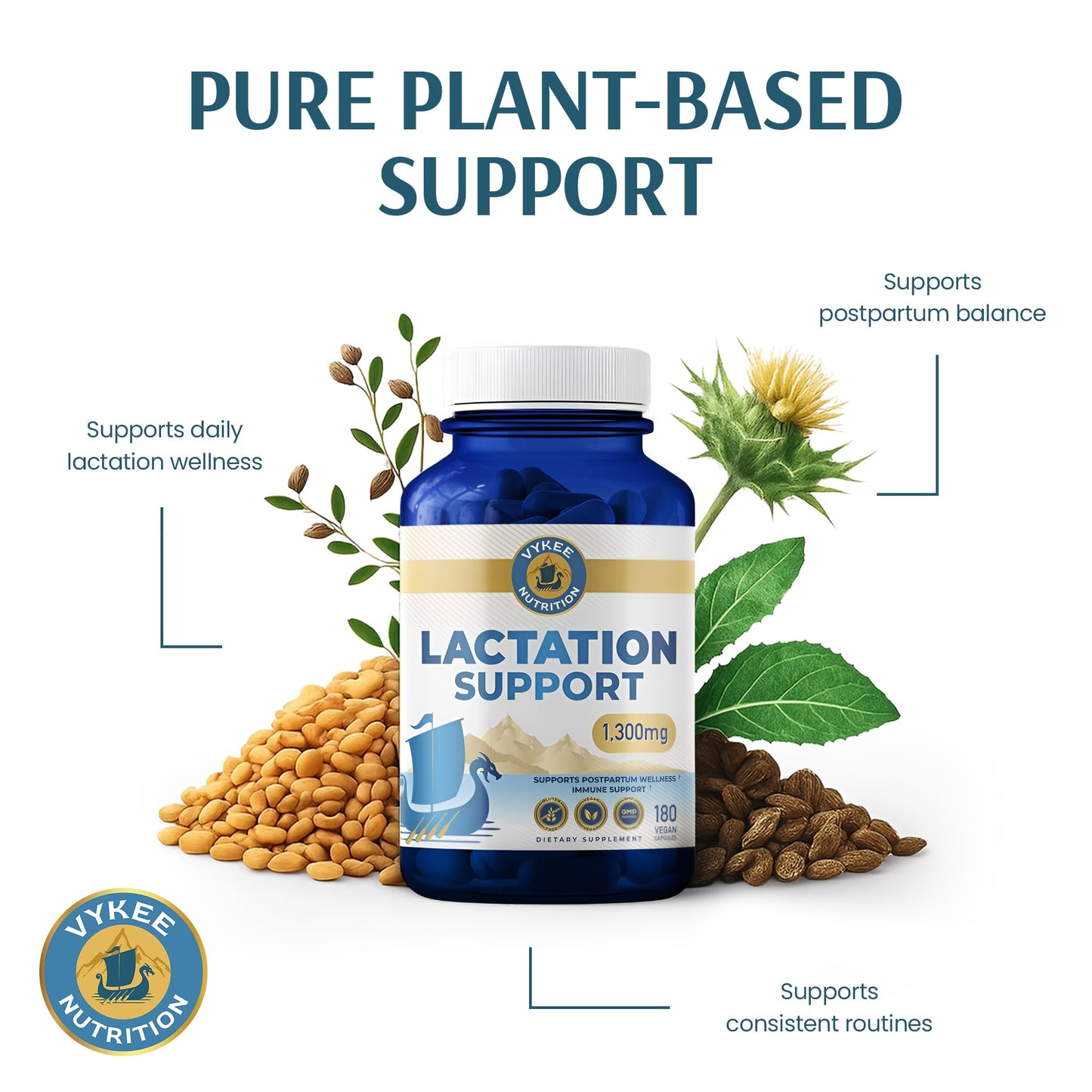 Vykee Nutrition Lactation Support 1300mg Herbal Milk Production Supplement Capsule 180 Count