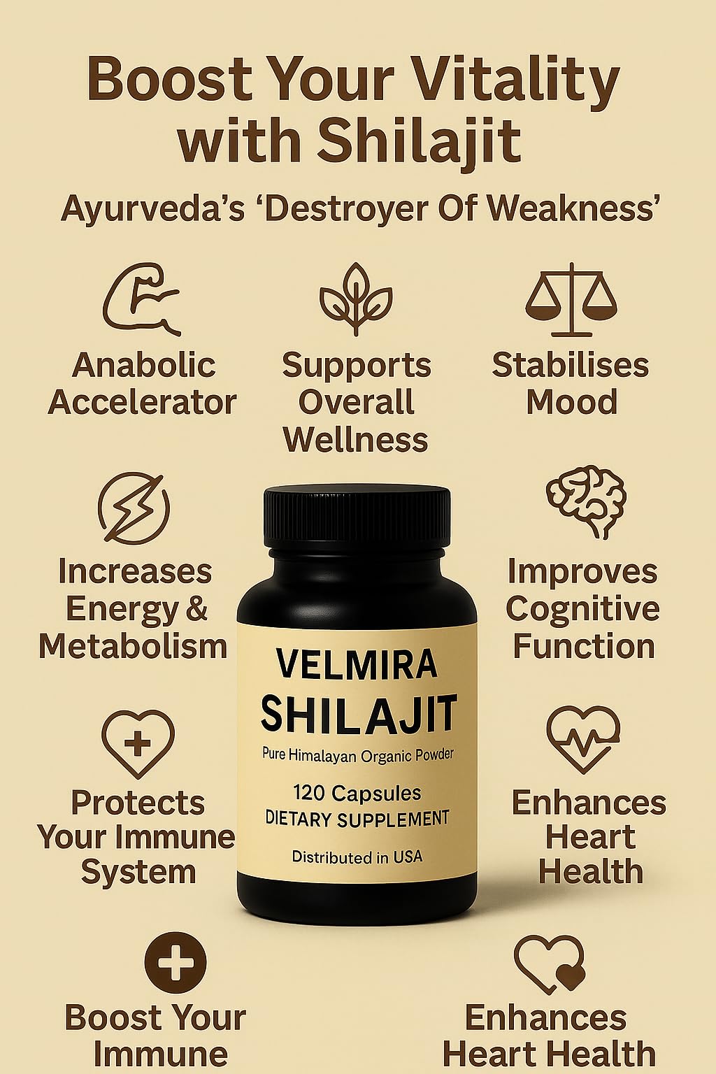 Velmira Shilajit Himalayan Resin Powder Capsules, 120 Count