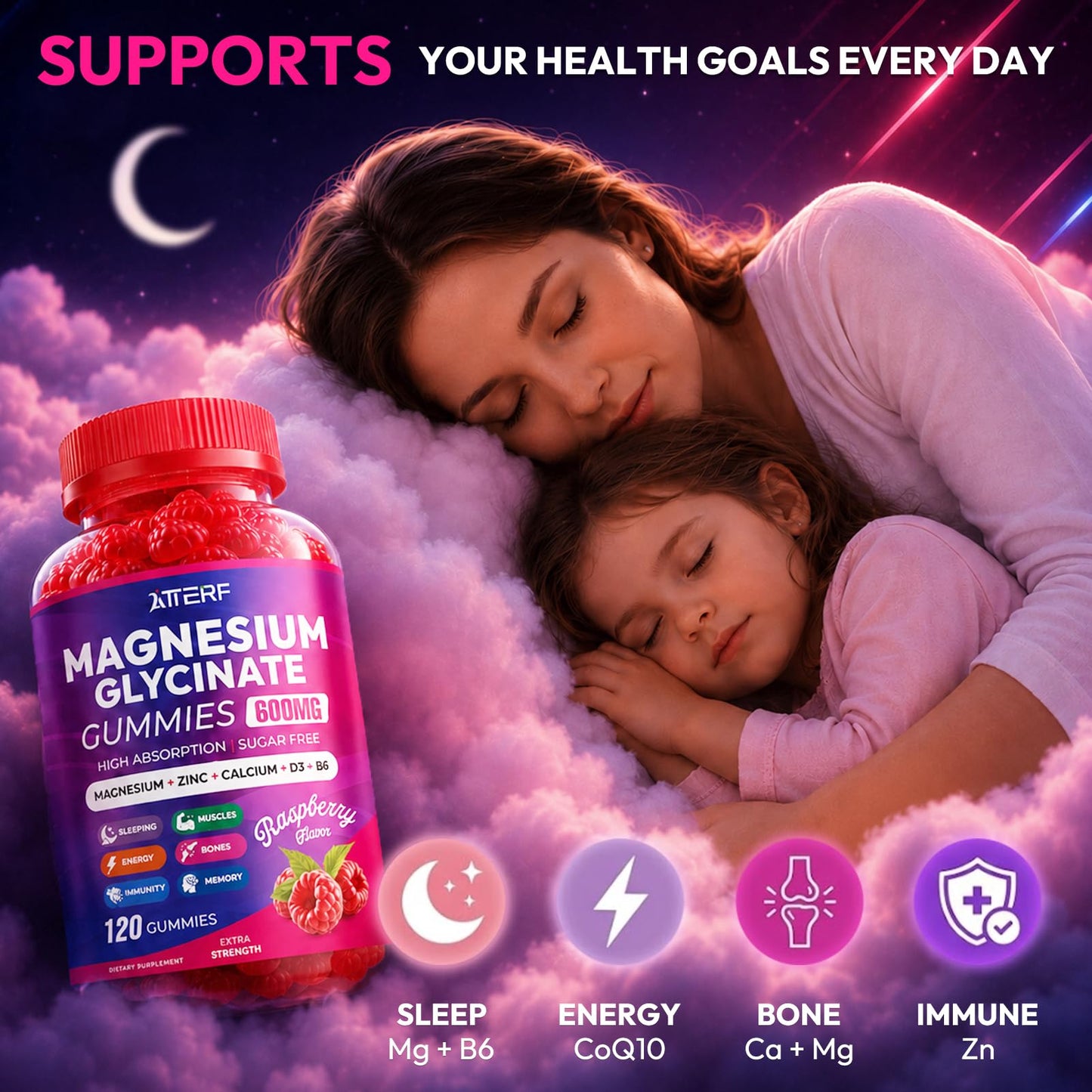 Atterf Magnesium Glycinate Gummies 600mg, Sugar Free High Absorption Chewable Magnesium Gummies with Zinc, Calcium, CoQ10 & B6 for Zzz, Relaxation, Brain & Muscle Support, 120 Gummies