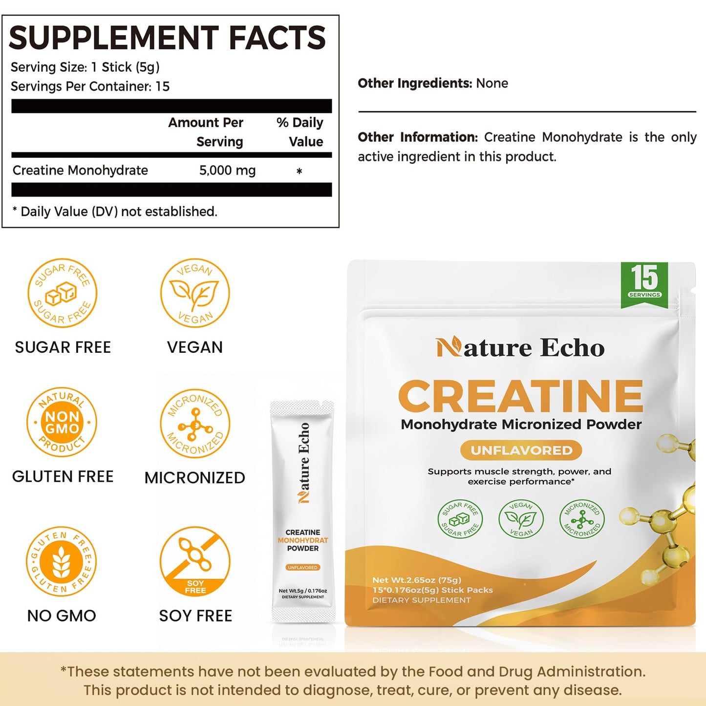 Nature Echo Creatine Monohydrate Micronized Powder 2.65 Ounce (Pack of 1)