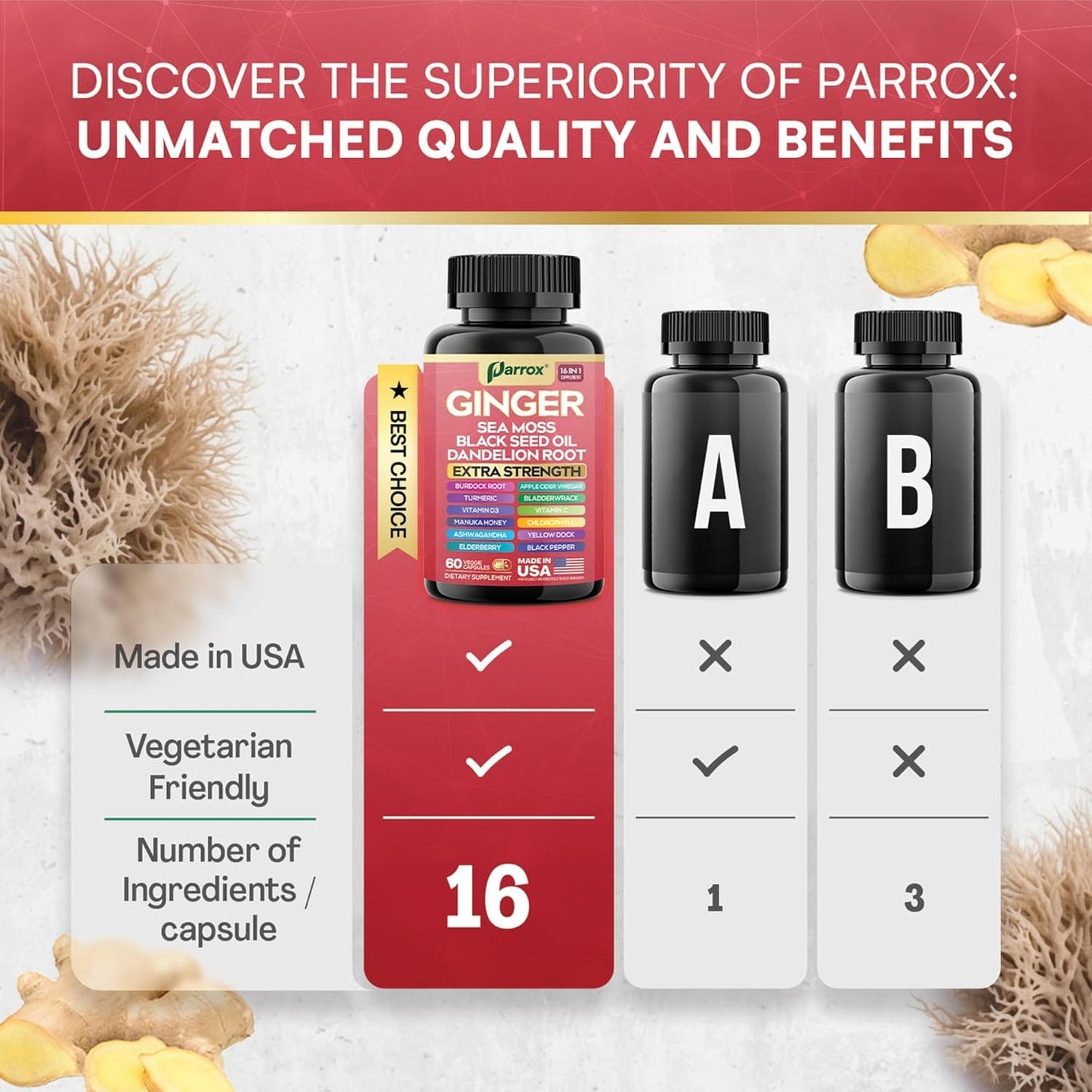 Parrox Ginger Sea Moss Herbal Supplement, 16-in-1 Black Seed Oil & ACV, 180 Capsules
