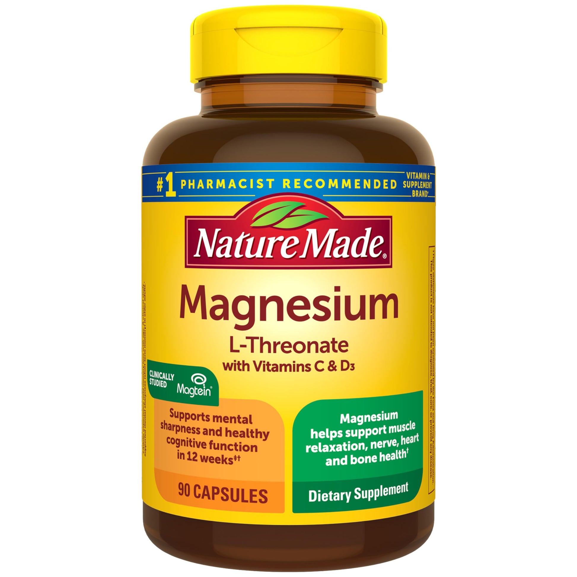 Nature Made Magnesium L-Threonate with Vitamin C & Vitamin D3 Capsules, 90 Count