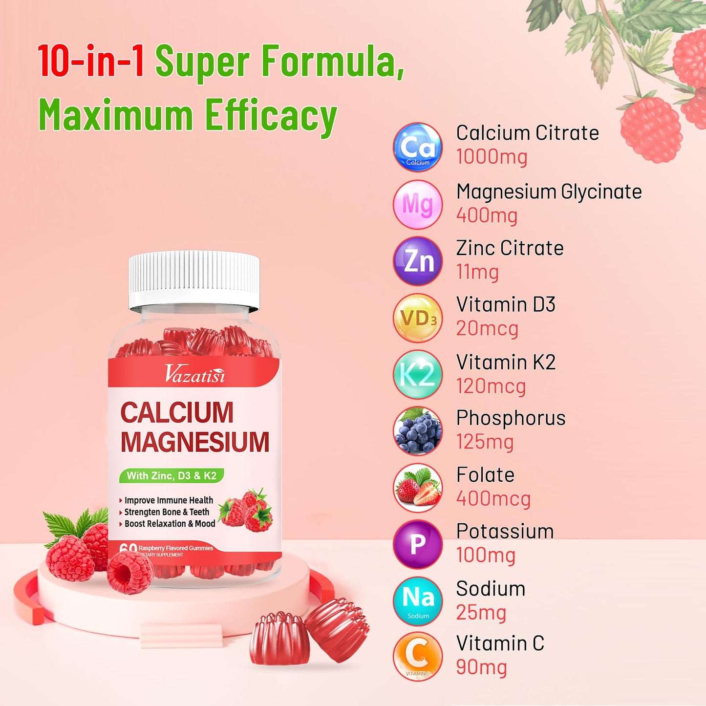Vazatisi Calcium Magnesium Zinc Gummies with Vitamin D3 & K2, 60 Count