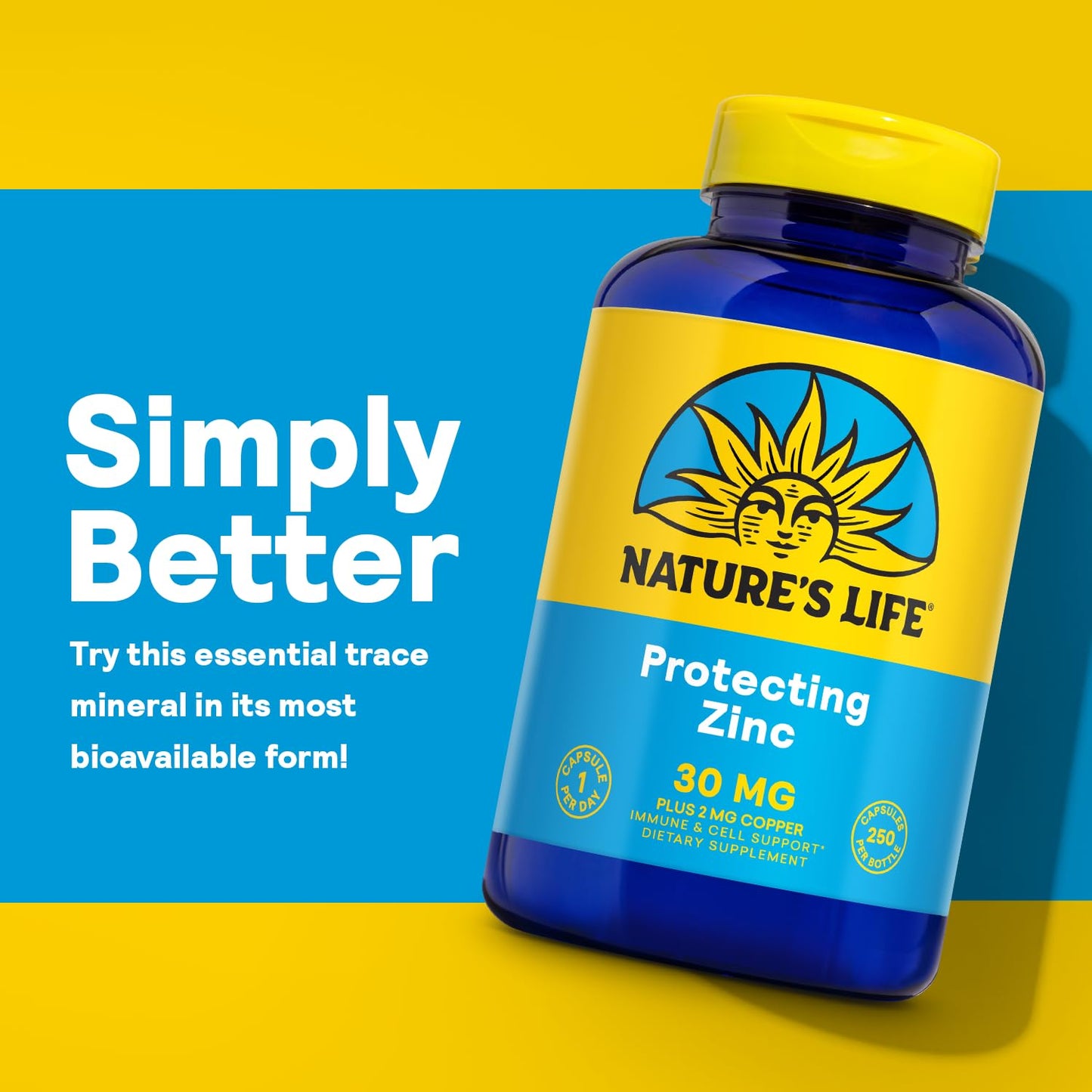 Nature's Life Zinc Picolinate 30mg with Copper 2mg Chelated Zinc Supplement Capsules 250 Count