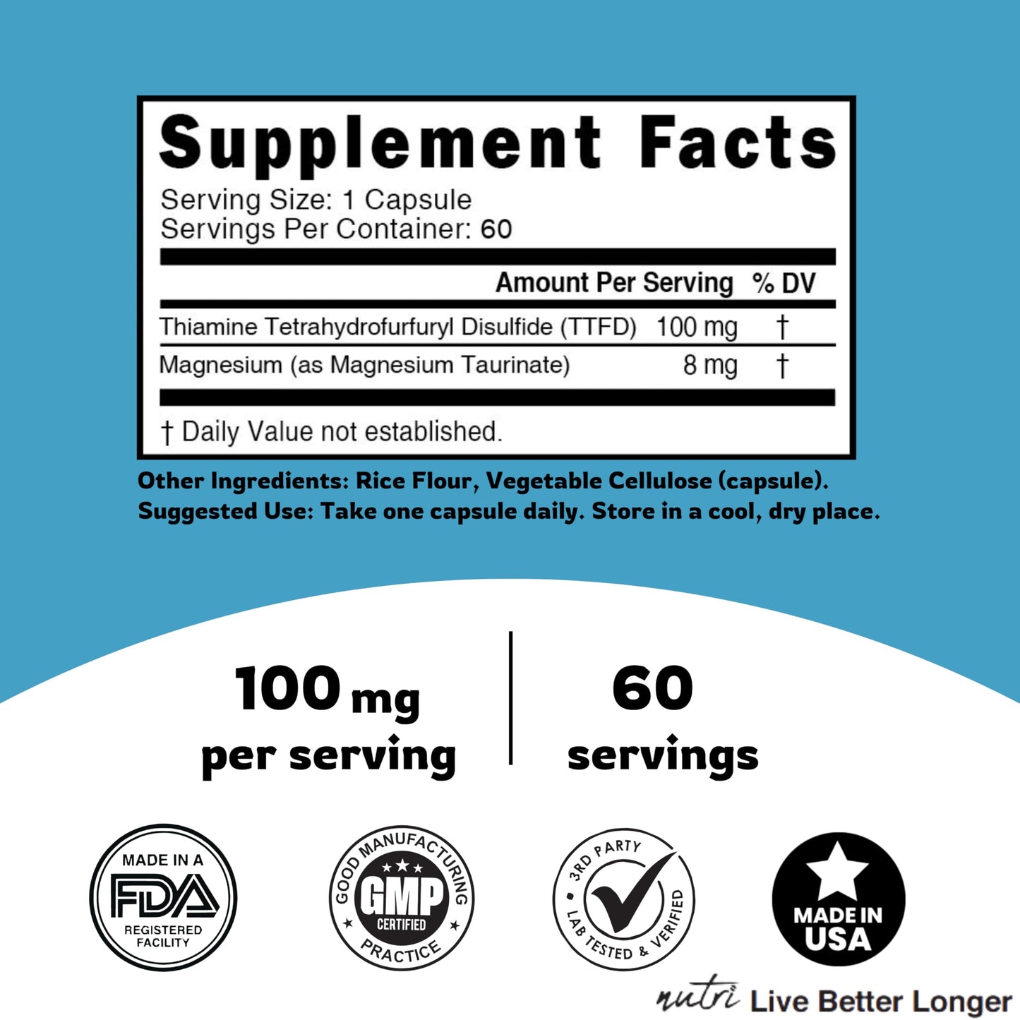 Nature's Fusions TTFD Thiamine B1 Supplement Capsule 60 Count