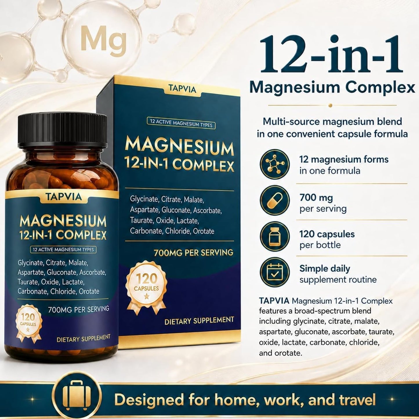 TAPVIA Magnesium 12-in-1 Complex, 120 Capsules