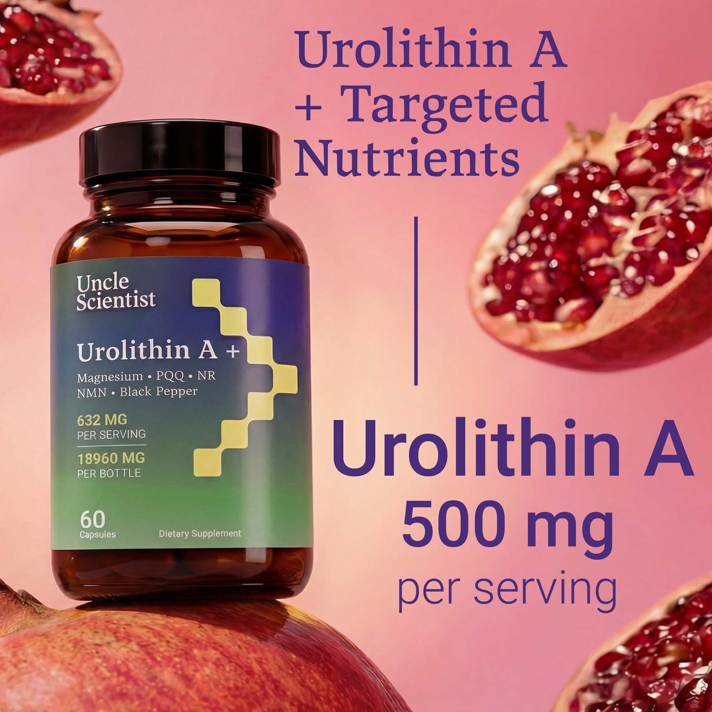 Uncle Scientist Urolithin A 1000 mg with Proprietary Blend, NR, NMN, PQQ, Magnesium Bisglycinate, Black Pepper Capsules, 60 Capsules