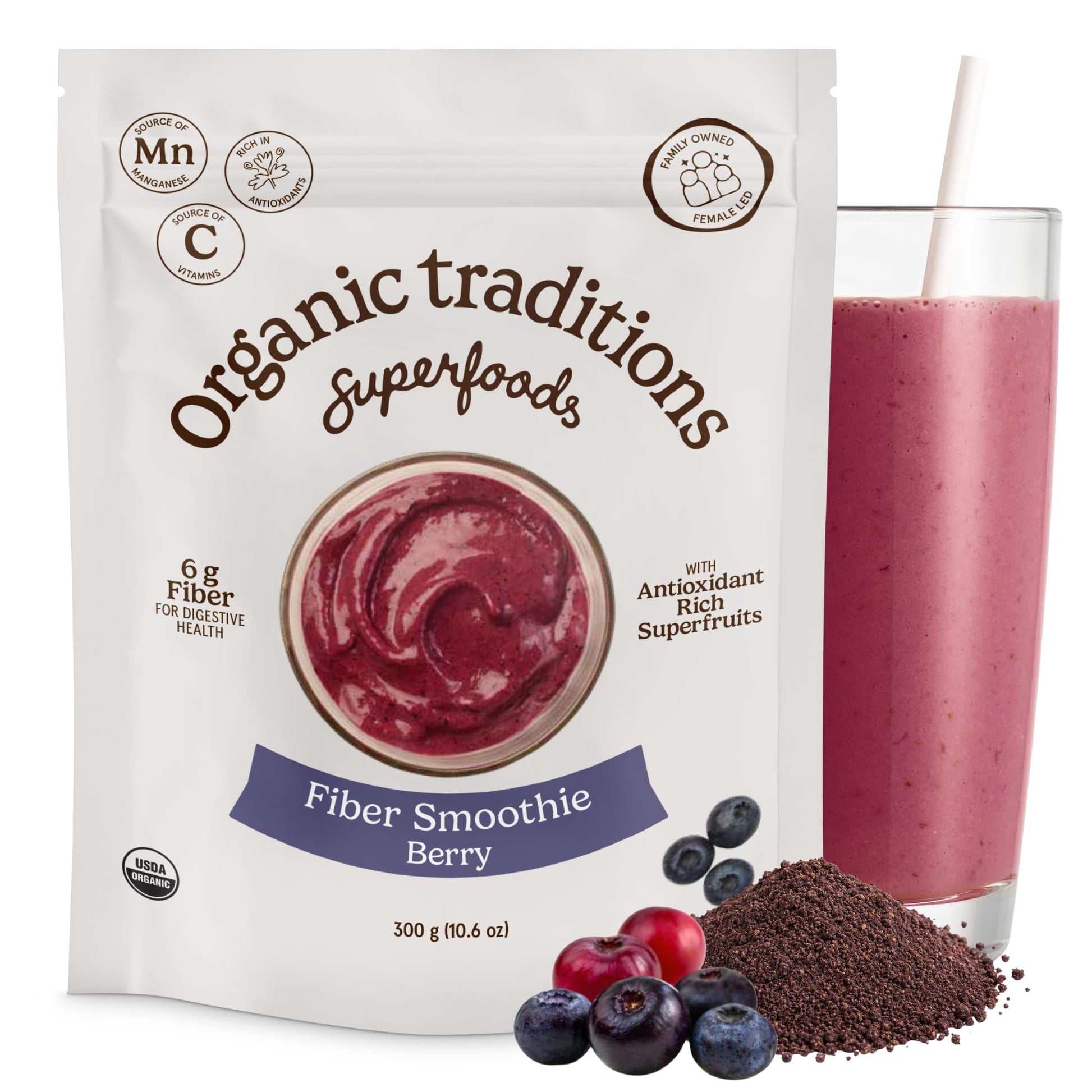 Organic Traditions Fiber Smoothie Berry Prebiotic Powder Blend, Powder, 10.6 oz