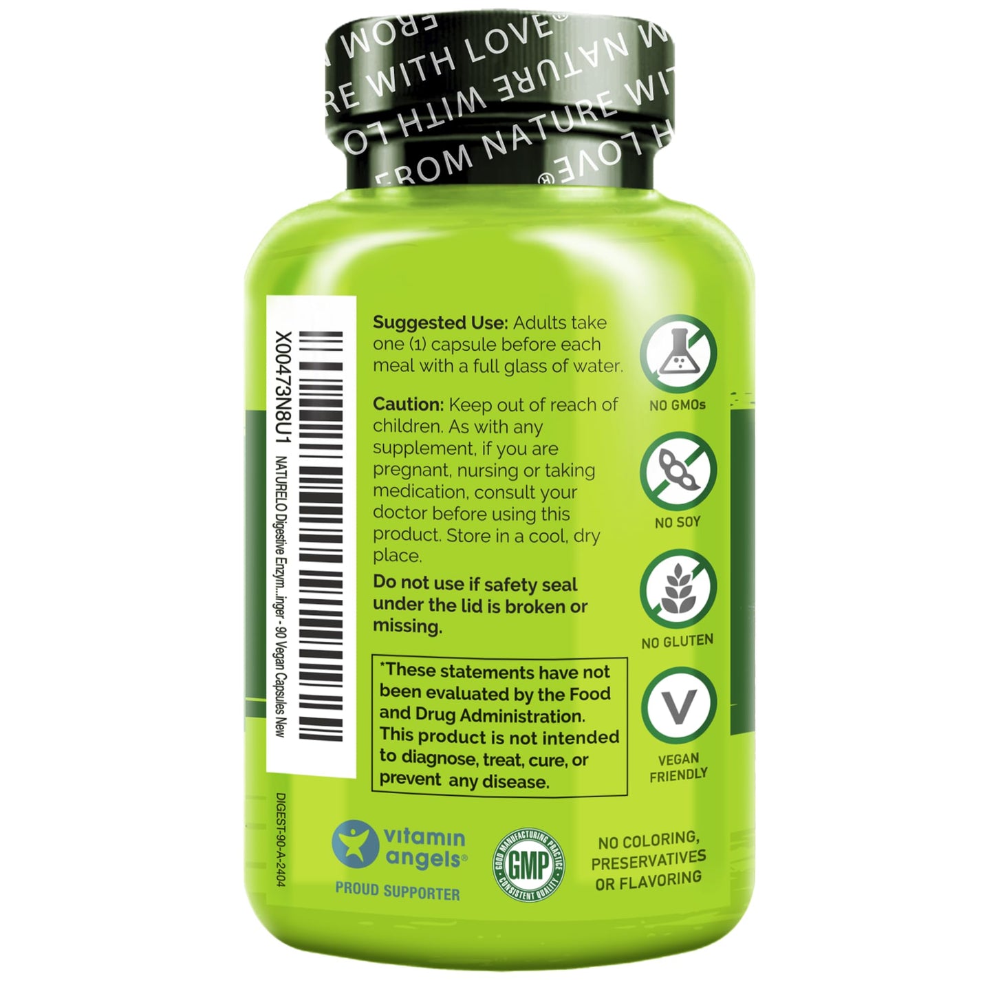 NATURELO Digestive Enzymes - Full Spectrum Support with a Broad Blend of 15 Enzymes Plus Ginger, 90 Capsules