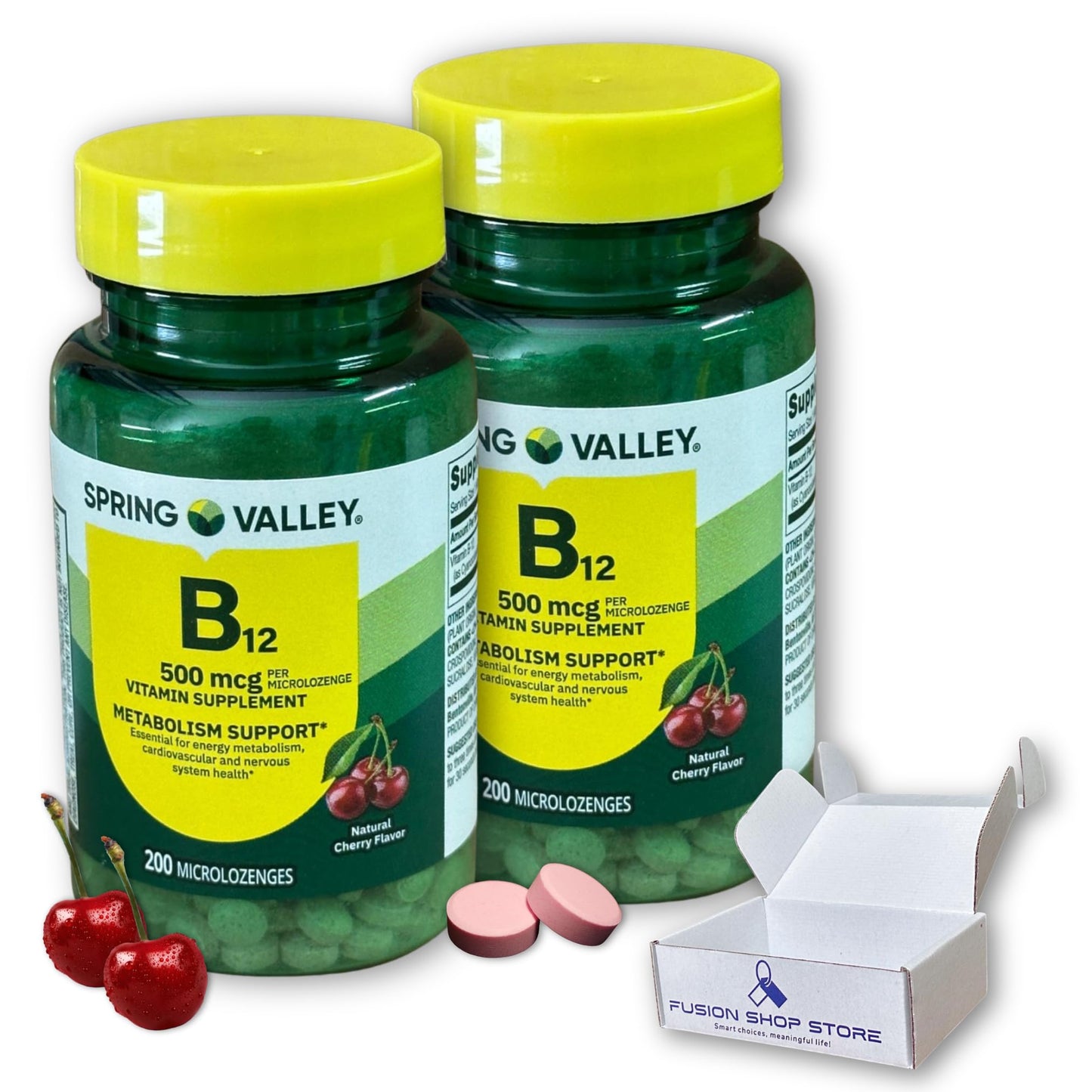 Fusion Shop Store Vitamin B12 500 mcg Sublingual Cherry Flavor Microlozenges, 200 Count