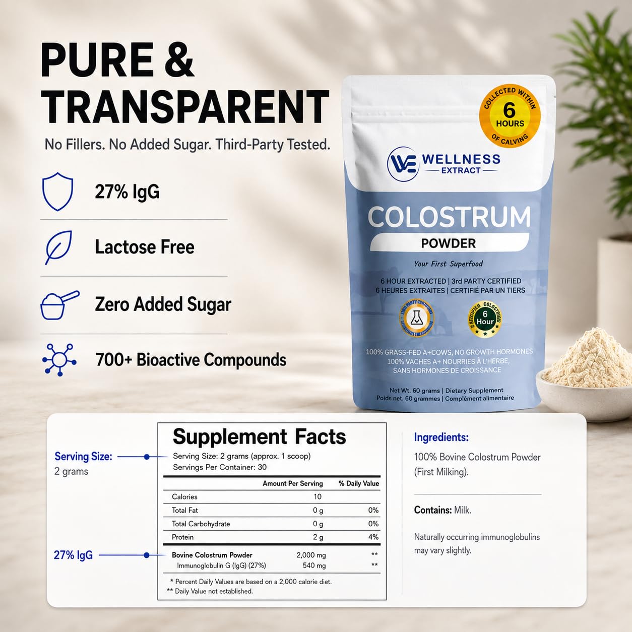 WELLNESS EXTRACT Bovine Colostrum Powder with Lactoferrin, 2.12 oz
