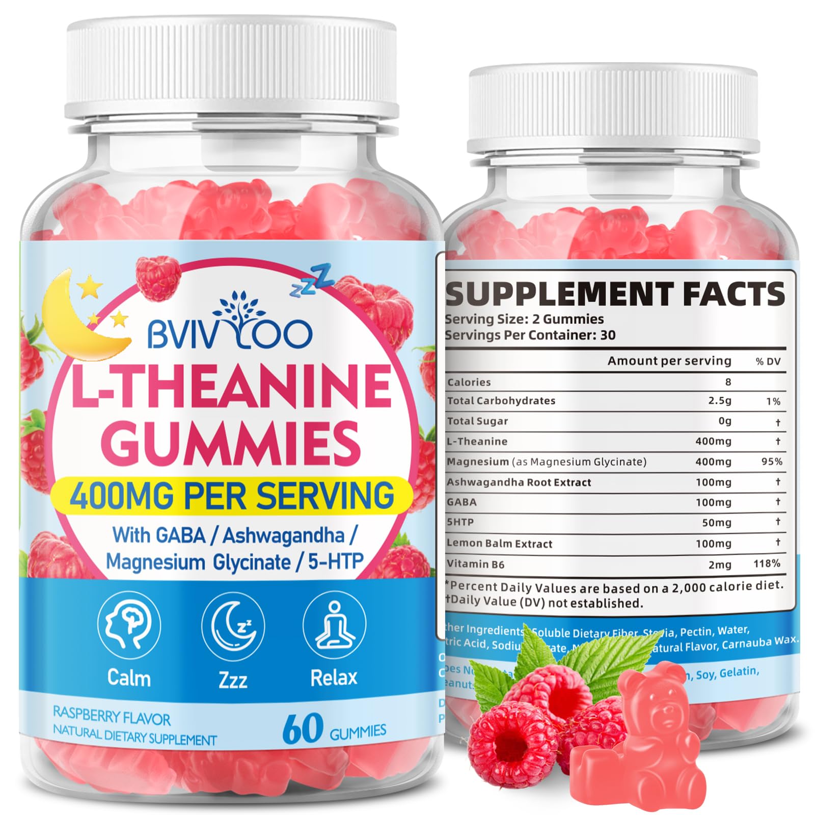 BVIVLOO L-Theanine Gummies with L-Theanine 400 mg, Ashwagandha, GABA, 5-HTP, Magnesium Glycinate for Calm, ZZZ & Relaxation Support - Vegan, Raspberry Flavor, Gummy, 2 Count