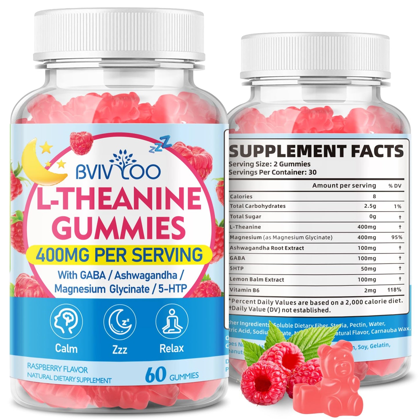 BVIVLOO L-Theanine Gummies with Ashwagandha, GABA, 5-HTP & Magnesium Glycinate for Calm & Relaxation, Vegan Raspberry Flavor, 2 Count