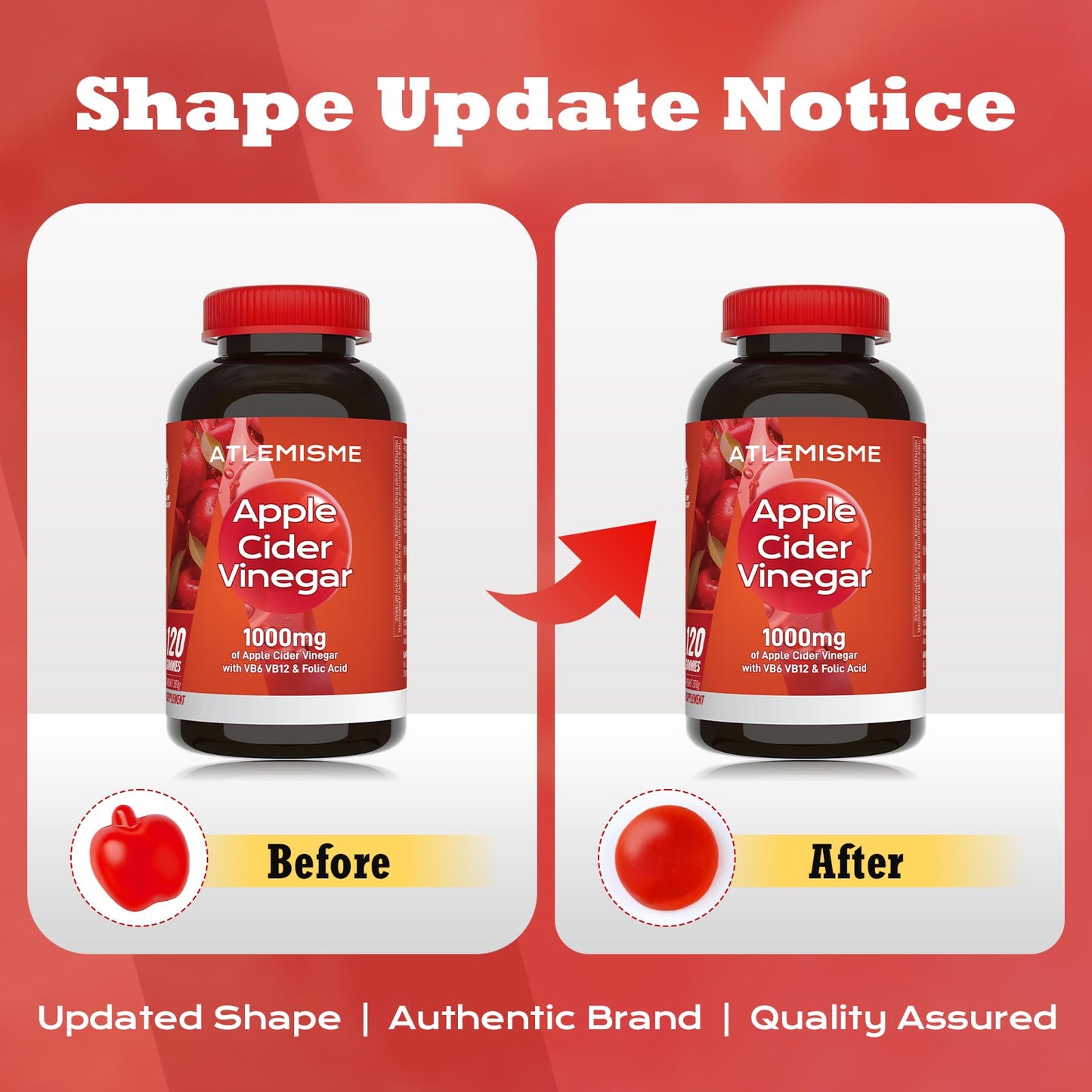 ATLEMISME Apple Cider Vinegar Gummies, 120 Count, Max Strength 1000mg with B Vitamins & Antioxidants, Supports Digestion, Metabolism & Immune Health, Vitamin B12, B6, Vegan, Non-GMO
