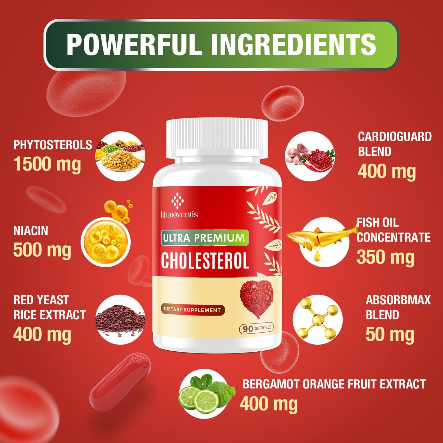 Itharoventis Cholesterol Lowering Supplements with Red Yeast Rice Softgels 90 Count