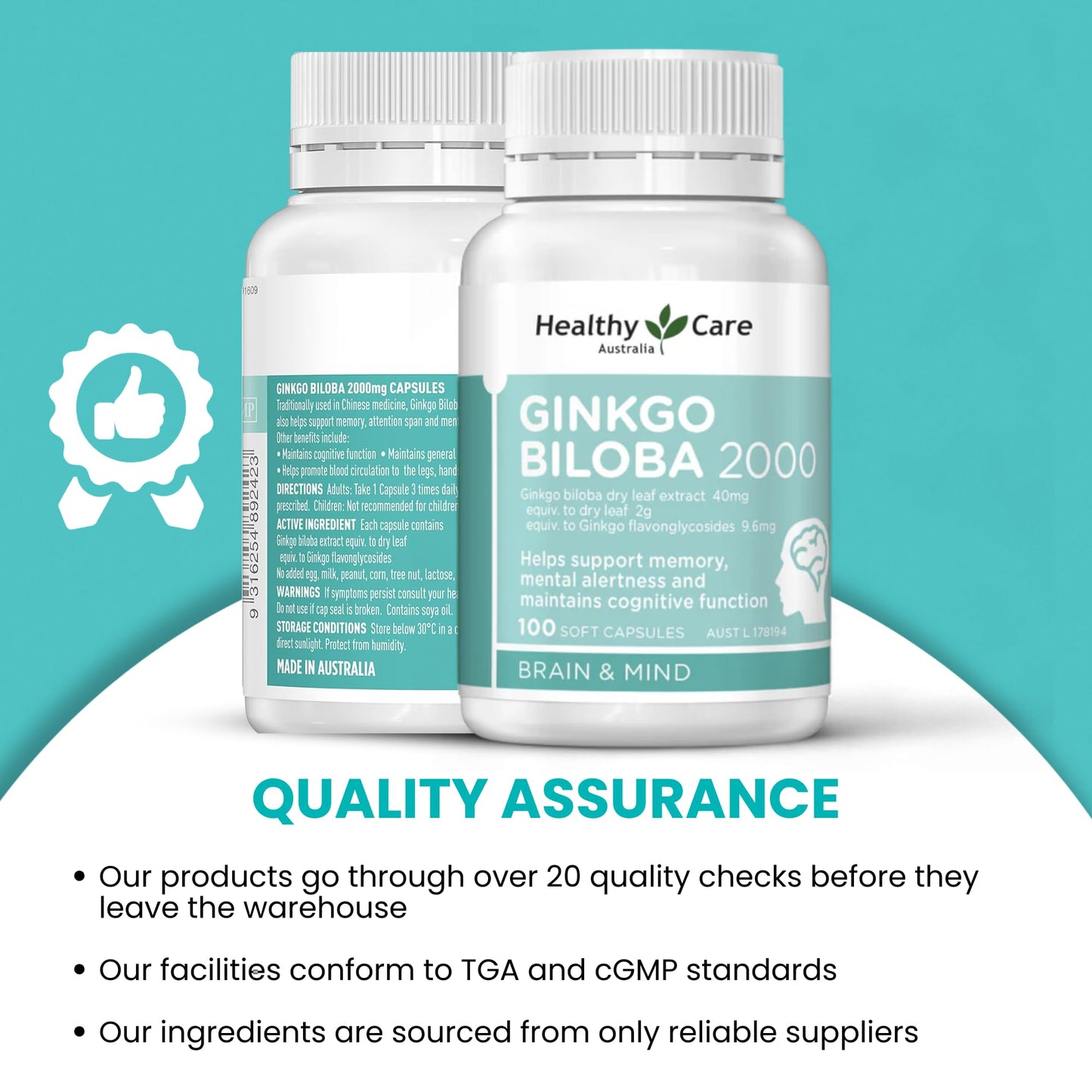 Healthy Care Ginkgo Biloba 2000mg Capsules, 100 Count