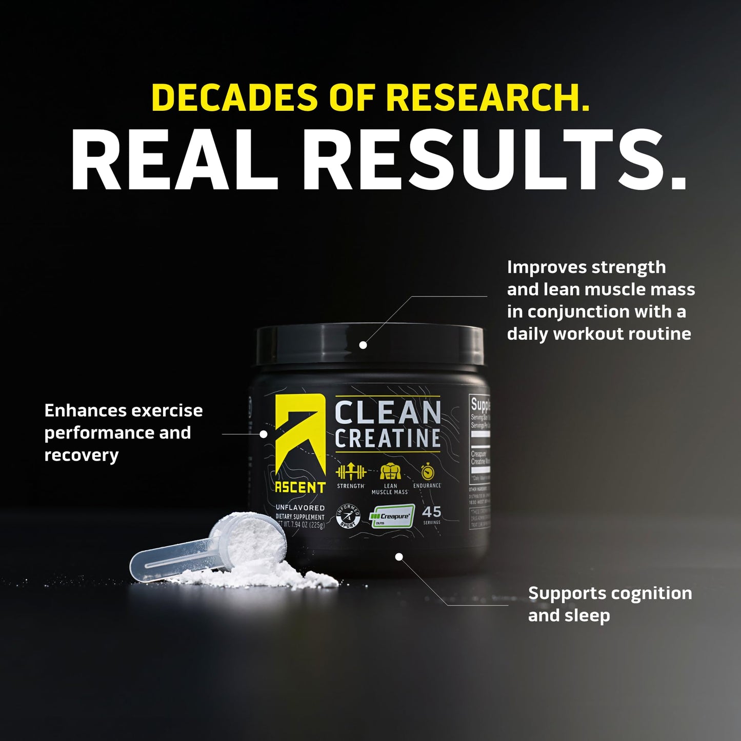 Ascent Clean Creatine Monohydrate, Creapure, Unflavored Powder, 45 Servings
