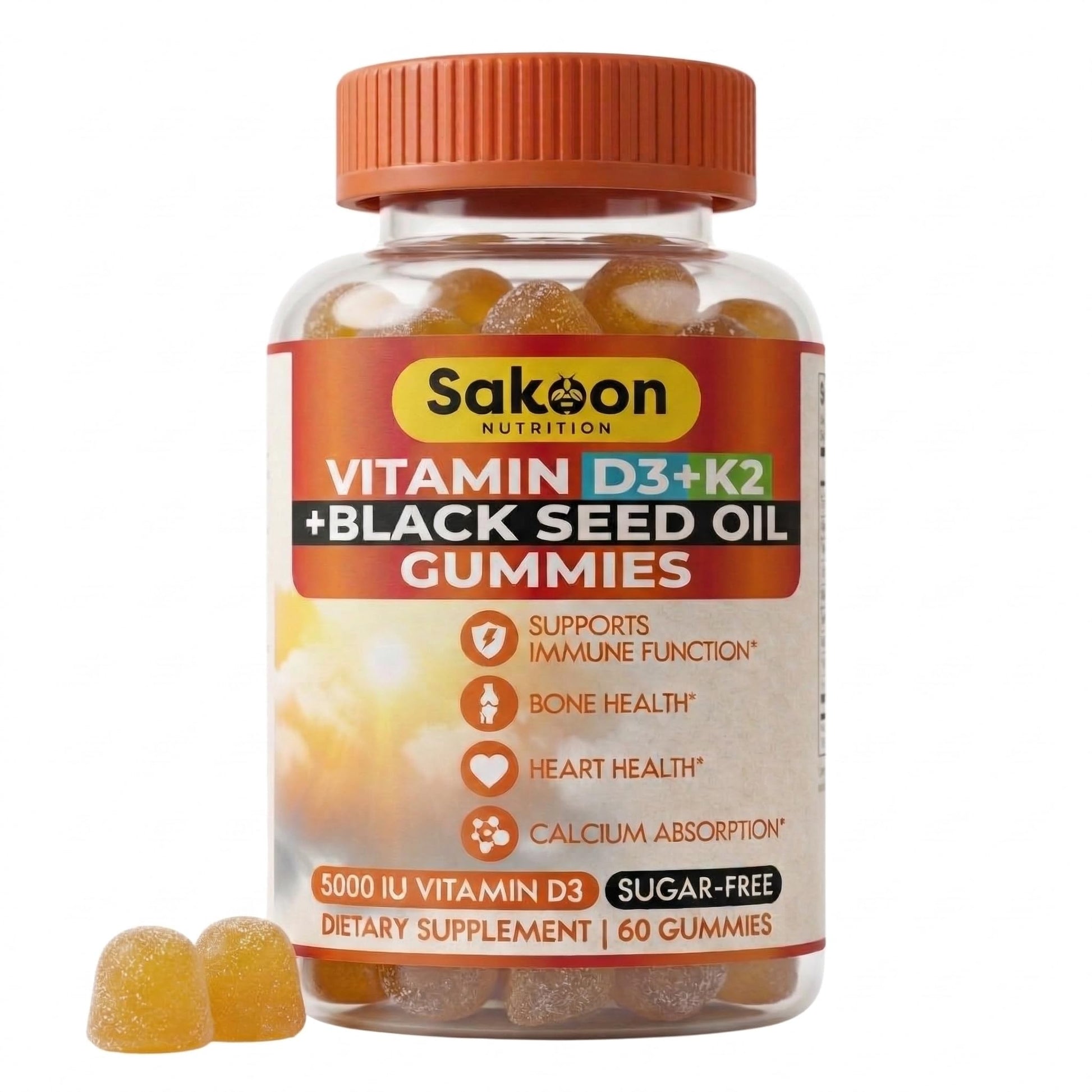 Sakoon nutrition Vitamin D3 K2 Gummies with Black Seed Oil for Bone, Teeth, Muscle and Immune Defense Support, Non-GMO, Gluten Free, 60 Count