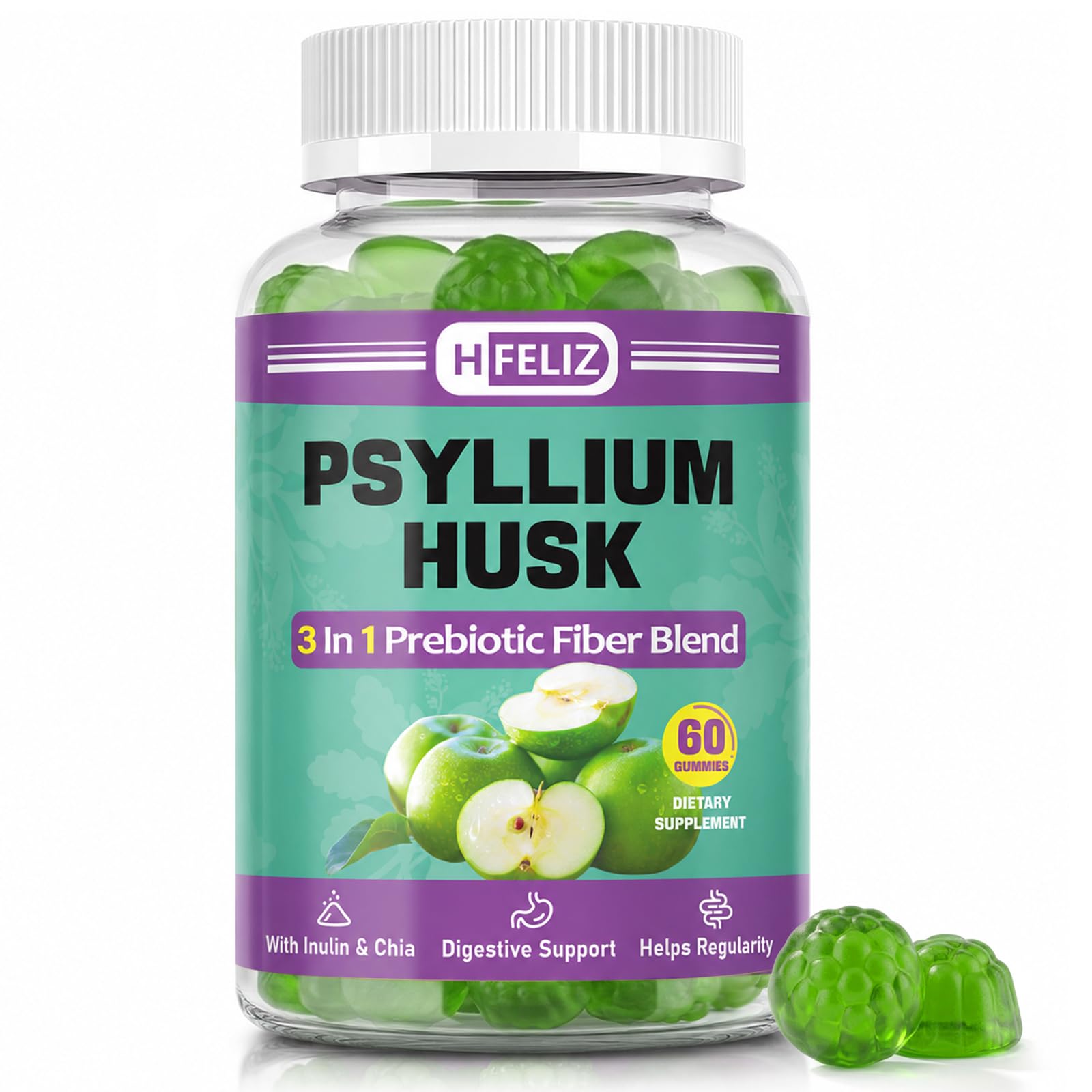 HFELIZ Psyllium Husk Fiber Gummies, Digestive Support, 60 Count