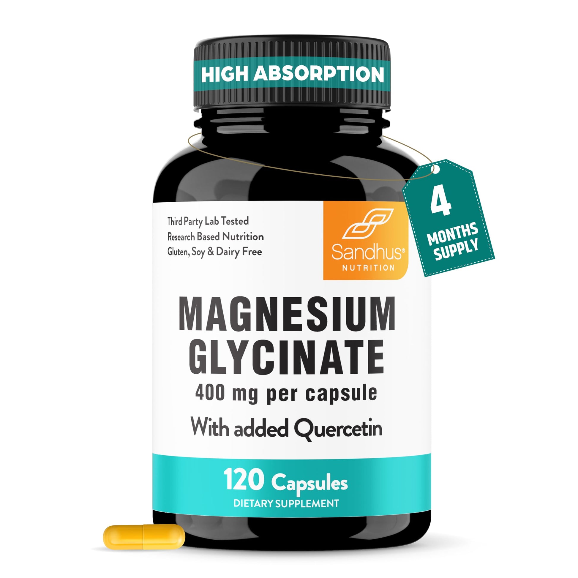 Sandhu's Magnesium Glycinate 400mg High Absorption Capsules, 120 Count