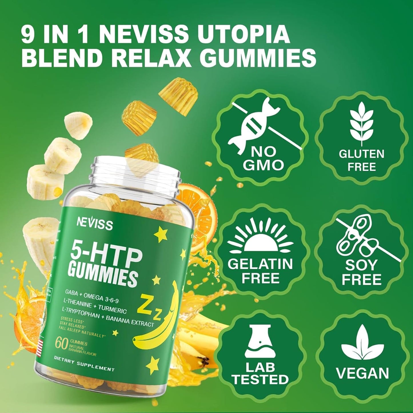 NEVISS 5-HTP 400mg Gummies + GABA - Melatonin-Free Relaxation Gummies with Banana Extract, L-Theanine, Turmeric, L-Tryptophan, D3 for Healthy Rest Cycle, Circadian Rhythm, Brain & Muscle Relax, 120 Gummies