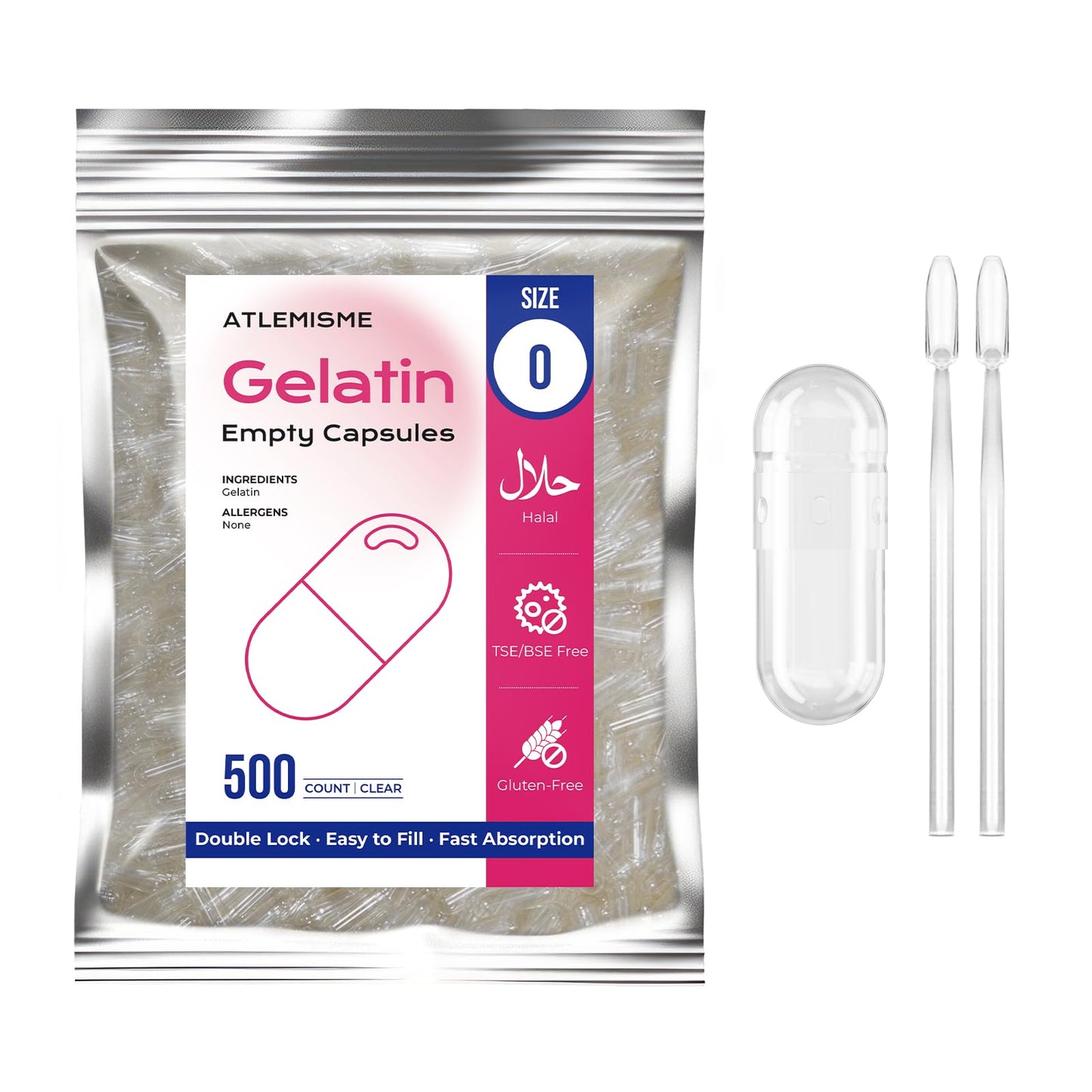 ATLEMISME Empty Gelatin Capsules Size 0, 500 Count