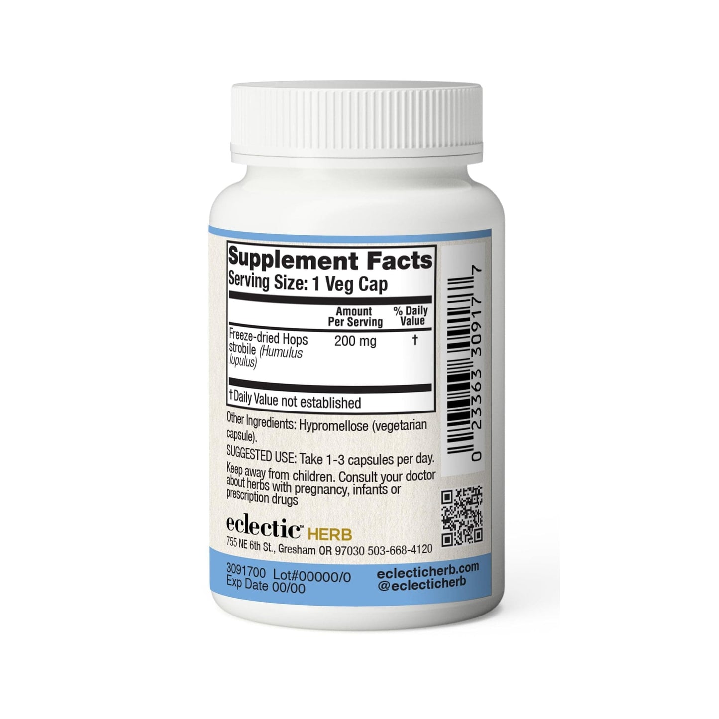 Eclectic Institute Raw Fresh Freeze-Dried Non-GMO Hops Capsules 90 Count