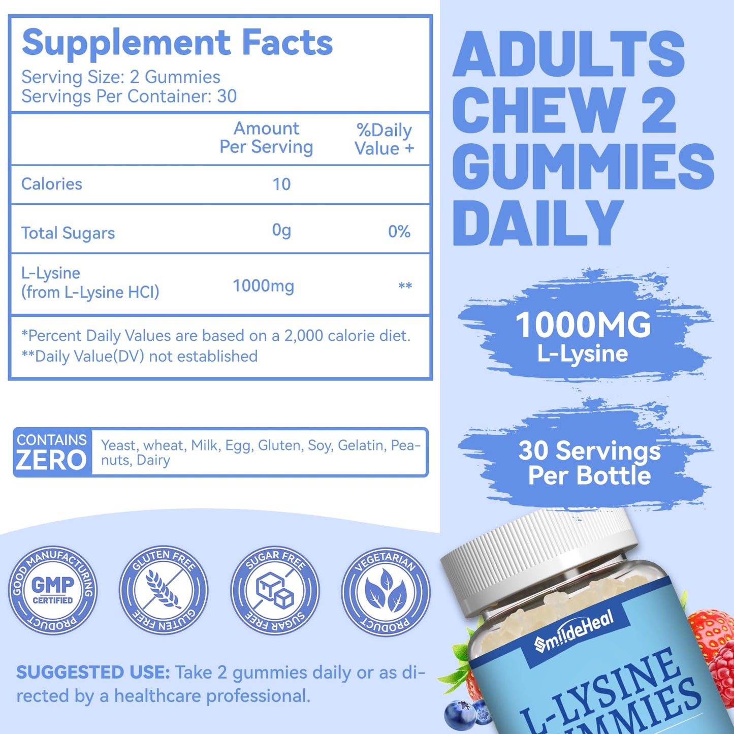 SmildeHeal L-Lysine 1000mg Gummies, 60 Count