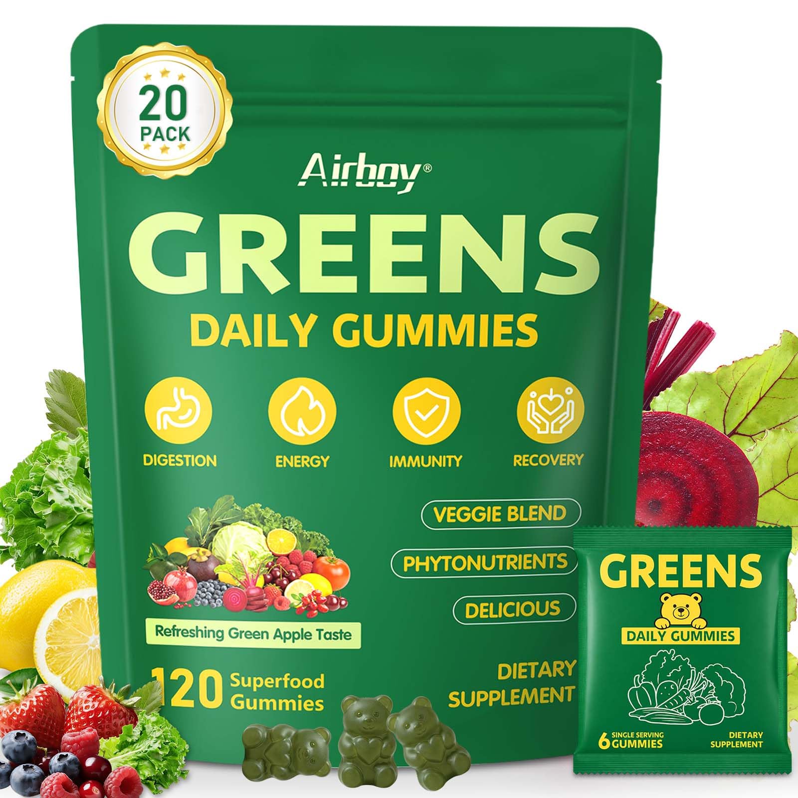 Airboy Greens Daily Multivitamin Gummies with Spirulina & Chlorella, Digestive Health, 20 Count