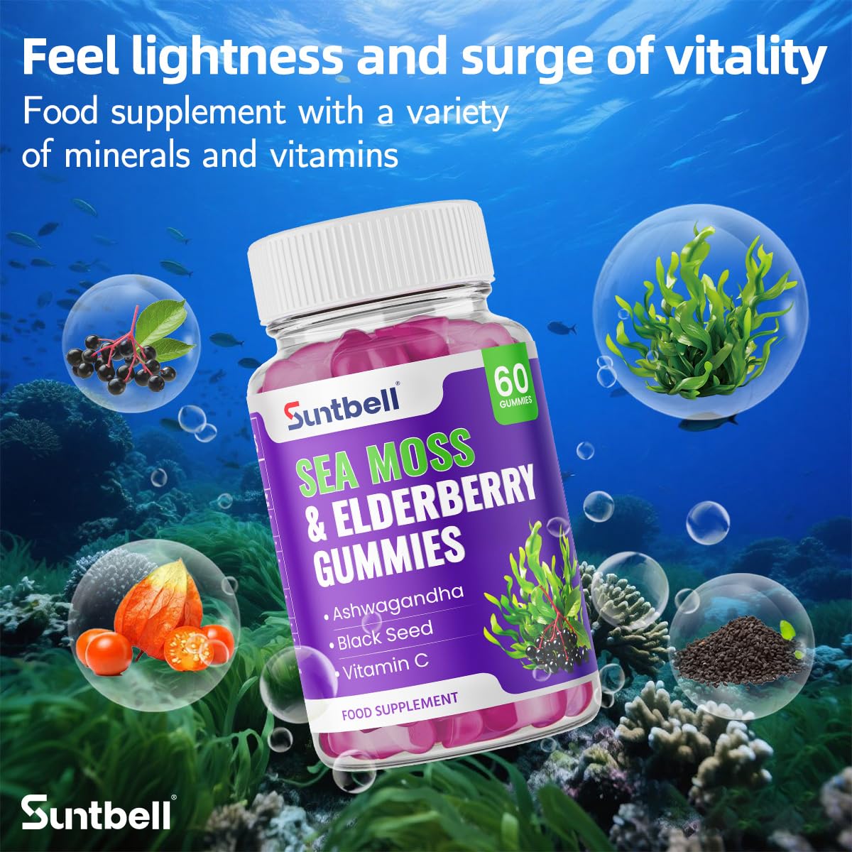 Suntbell Sea Moss Gummies, Immune Support with Elderberry, Ashwagandha, Zinc & Vitamin C, Vegan, Grape Flavor, 60 Gummies
