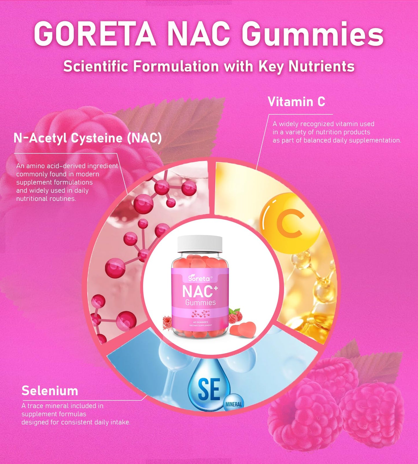 Goreta NAC Gummies 1000mg with Vitamin C & Selenium, 60 Gummies