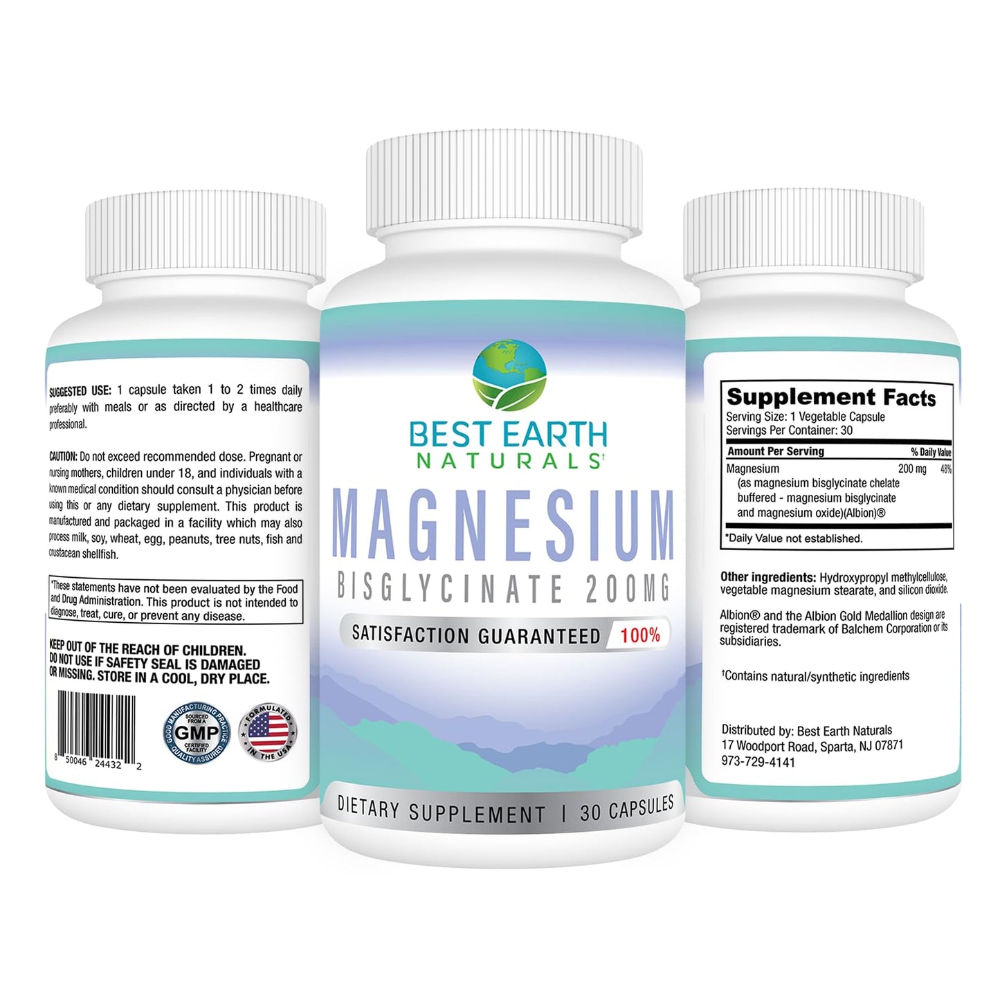 Best Earth Naturals Magnesium Bisglycinate 200 mg Vegan Formula for Joint, Digestion, and Rest Support Capsules, 30 Count