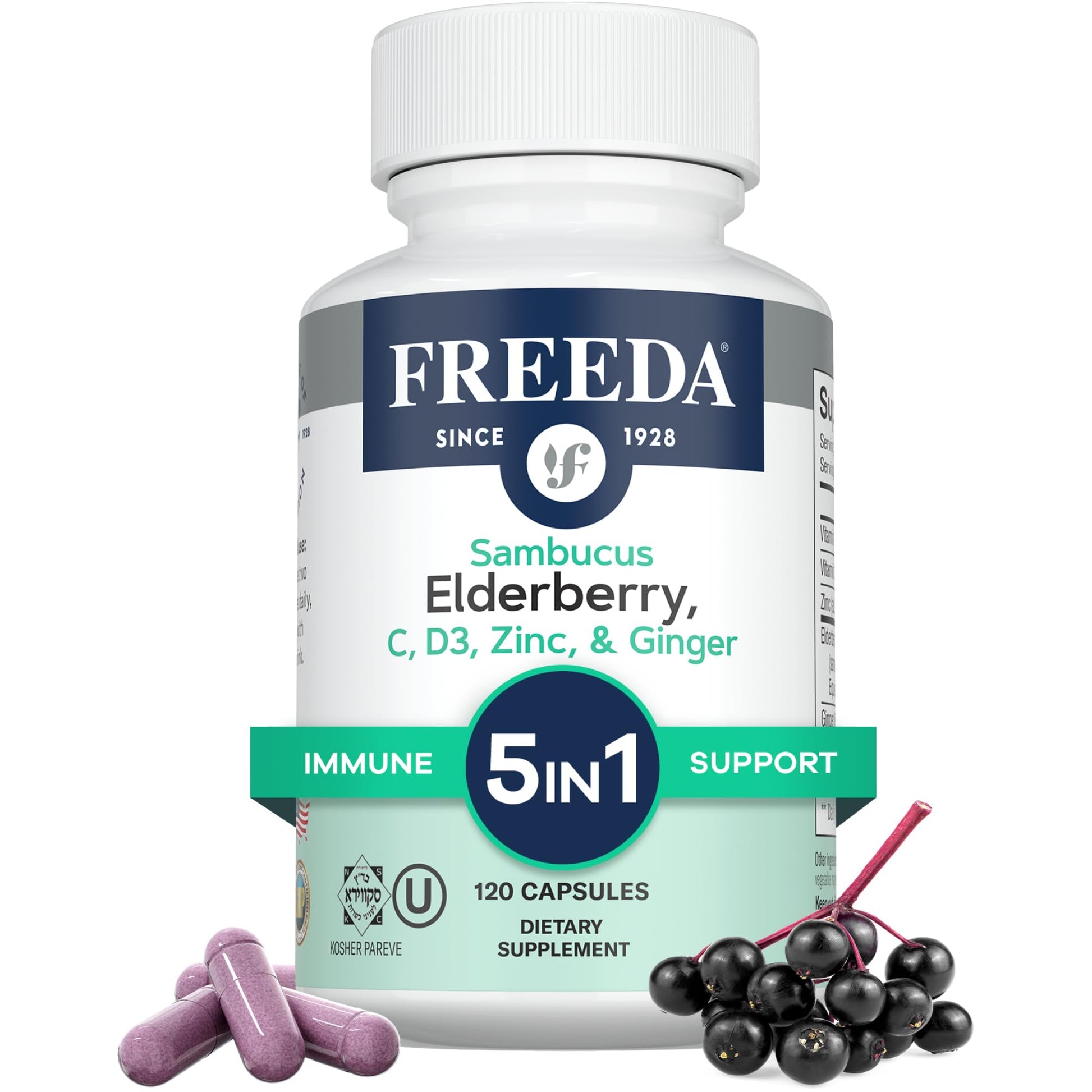 FREEDA Sambucus Elderberry with Vitamin C, Zinc, Vitamin D3 & Ginger - 5 in 1 Herbal Antioxidant Immune Support Supplement for Women & Men - Gluten Free Adult Elderberry Capsules, USA Made 120 Count