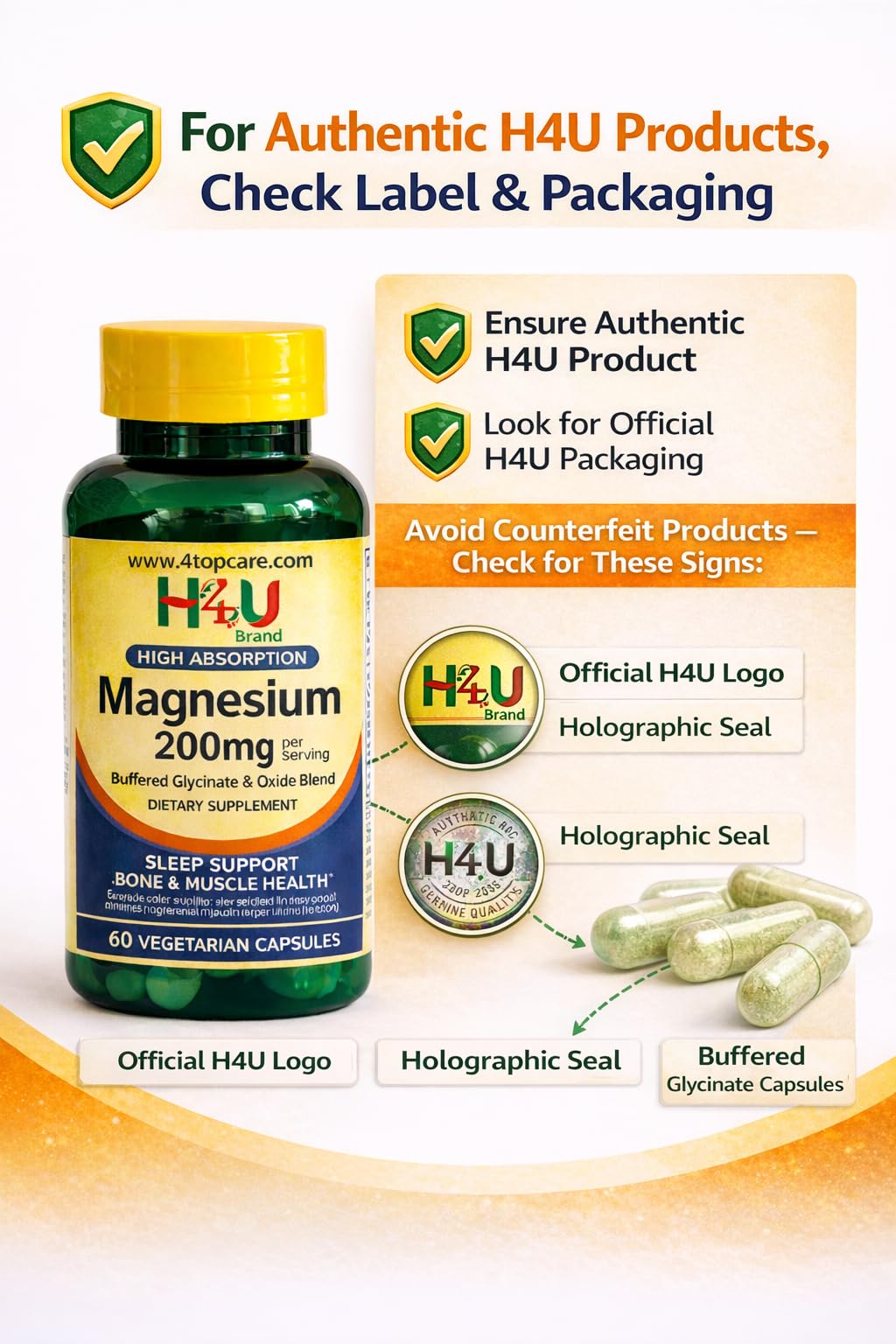 H4U Magnesium Complex 200mg Capsules, 60 Count