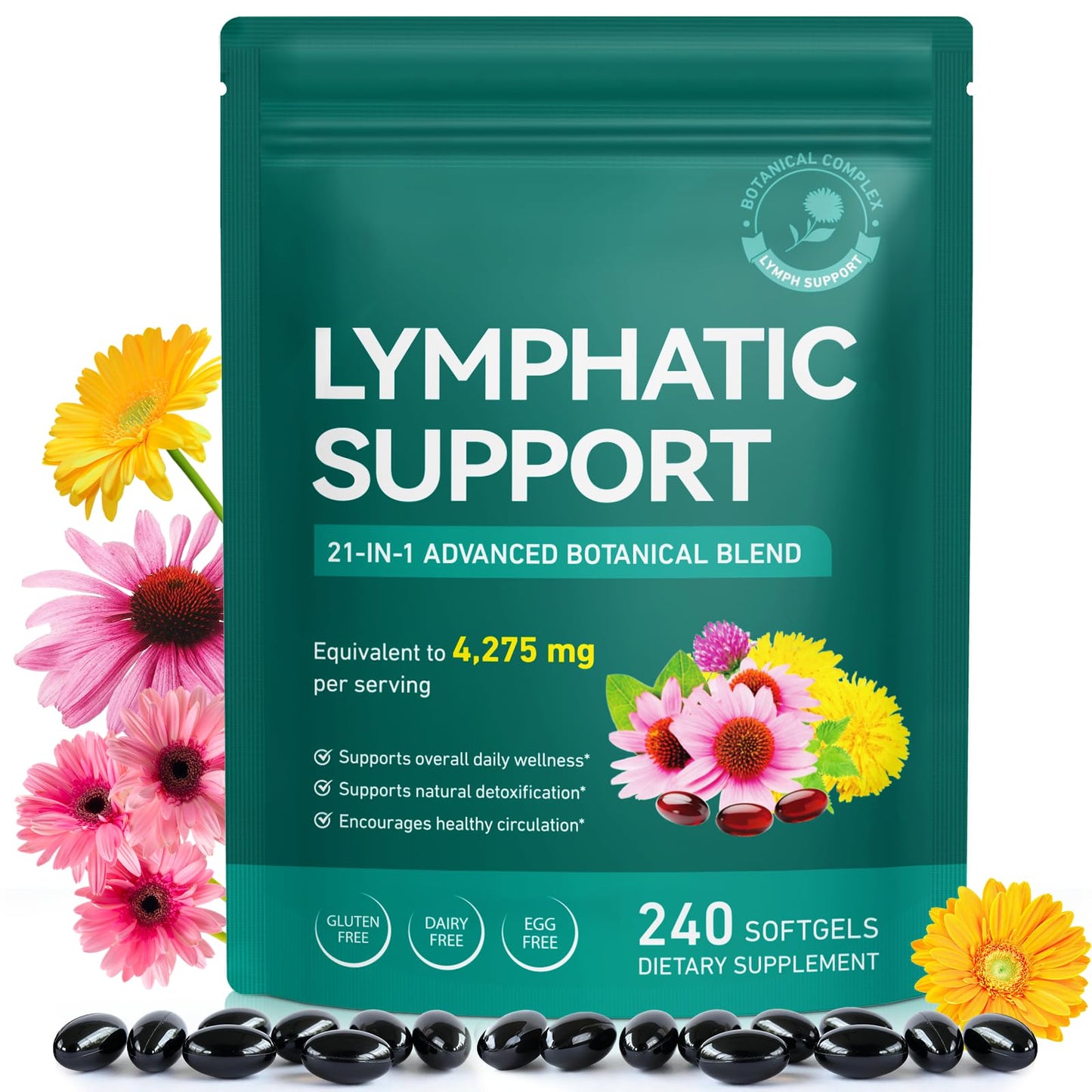 USBSREGARDS Lymphatic Drainage Supplements with Echinacea, Dandelion, Burdock Root, Botanical Complex, 21 Herbs for Immune Health and Overall Wellness, Non-GMO Formula, Capsule, 240 Count