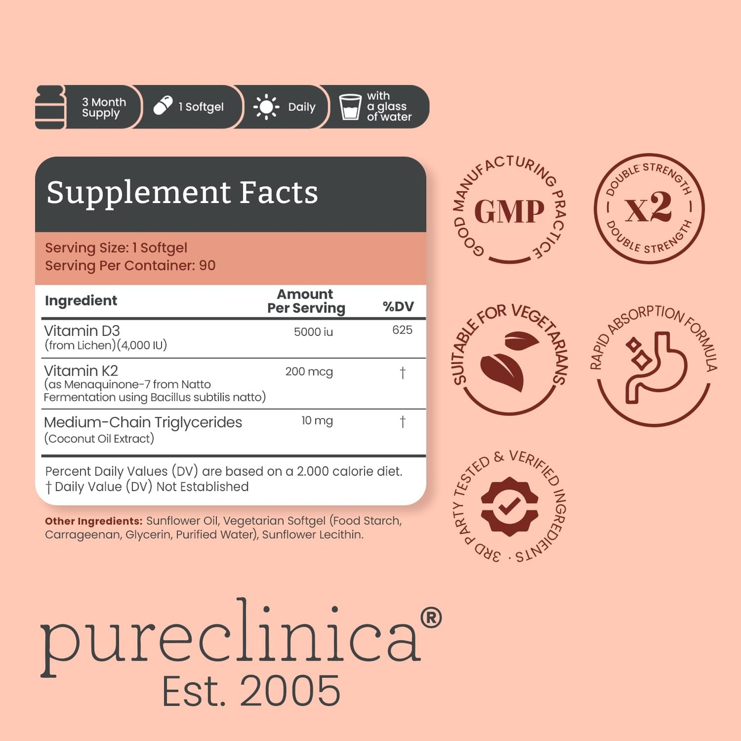 PureClinica Double Strength Vitamin D3 + K2 (MK-7) – 5,000 IU D3 + 200mcg K2 Softgels, 540 Count