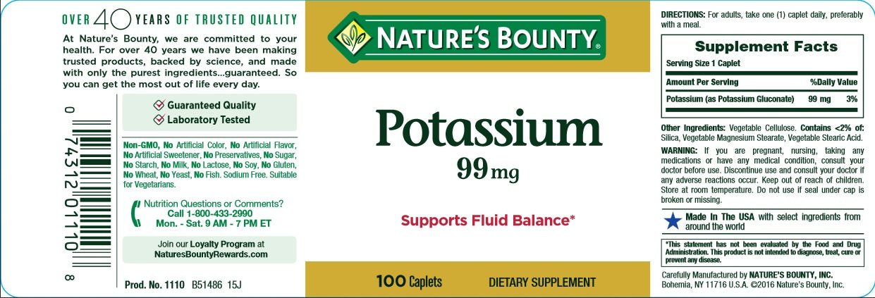 Nature's Bounty Potassium 99mg Gluconate Dietary Supplement Caplets 300