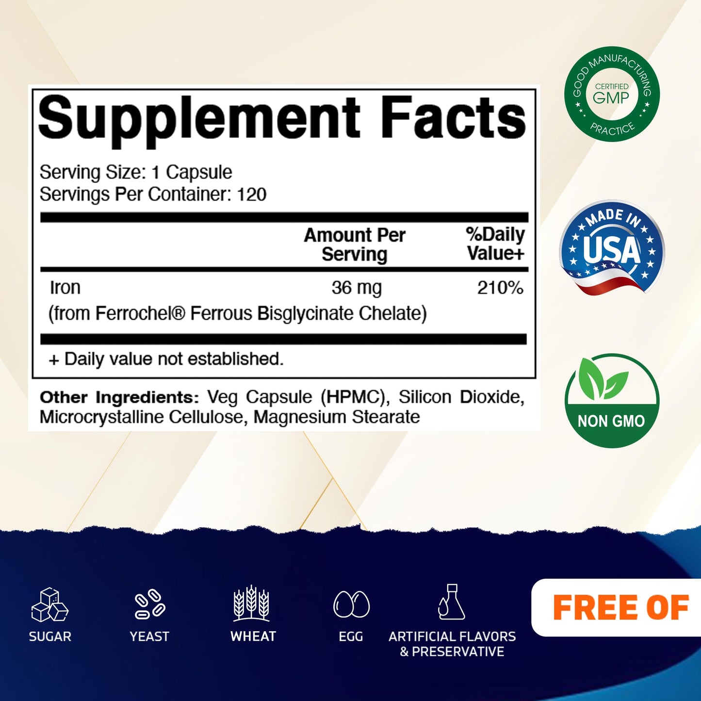 Vitamatic Chelated Iron 36 mg (from Ferrochel Ferrous Bisglycinate Chelate) Capsule, 120 Veg Capsules