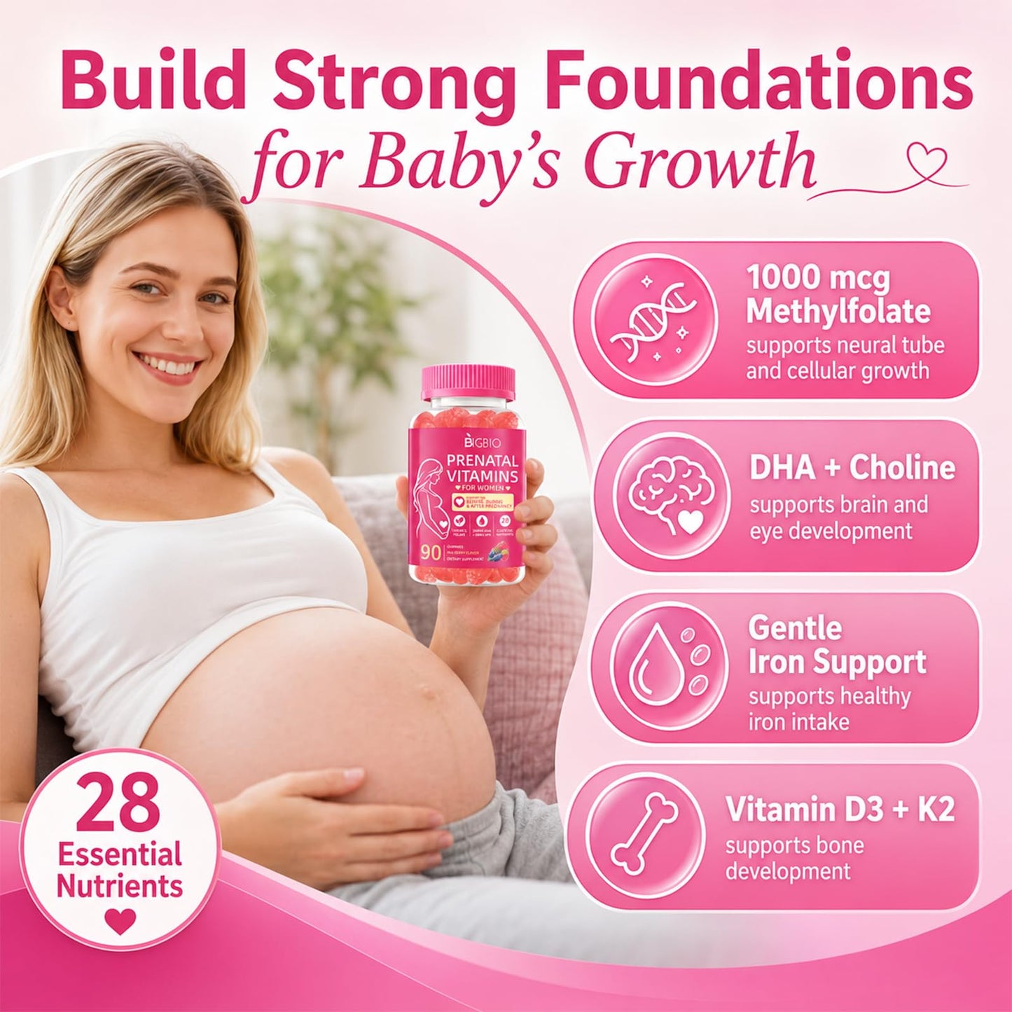 BIGBIO Prenatal Vitamins for Women Gummies, Methylfolate 1mg, Choline, Omega 3 DHA EPA, Iron, Probiotics & B Complex, Postnatal Vitamins for Breastfeeding, Sugar Free Vegan, Mixed Berry, 90 Count