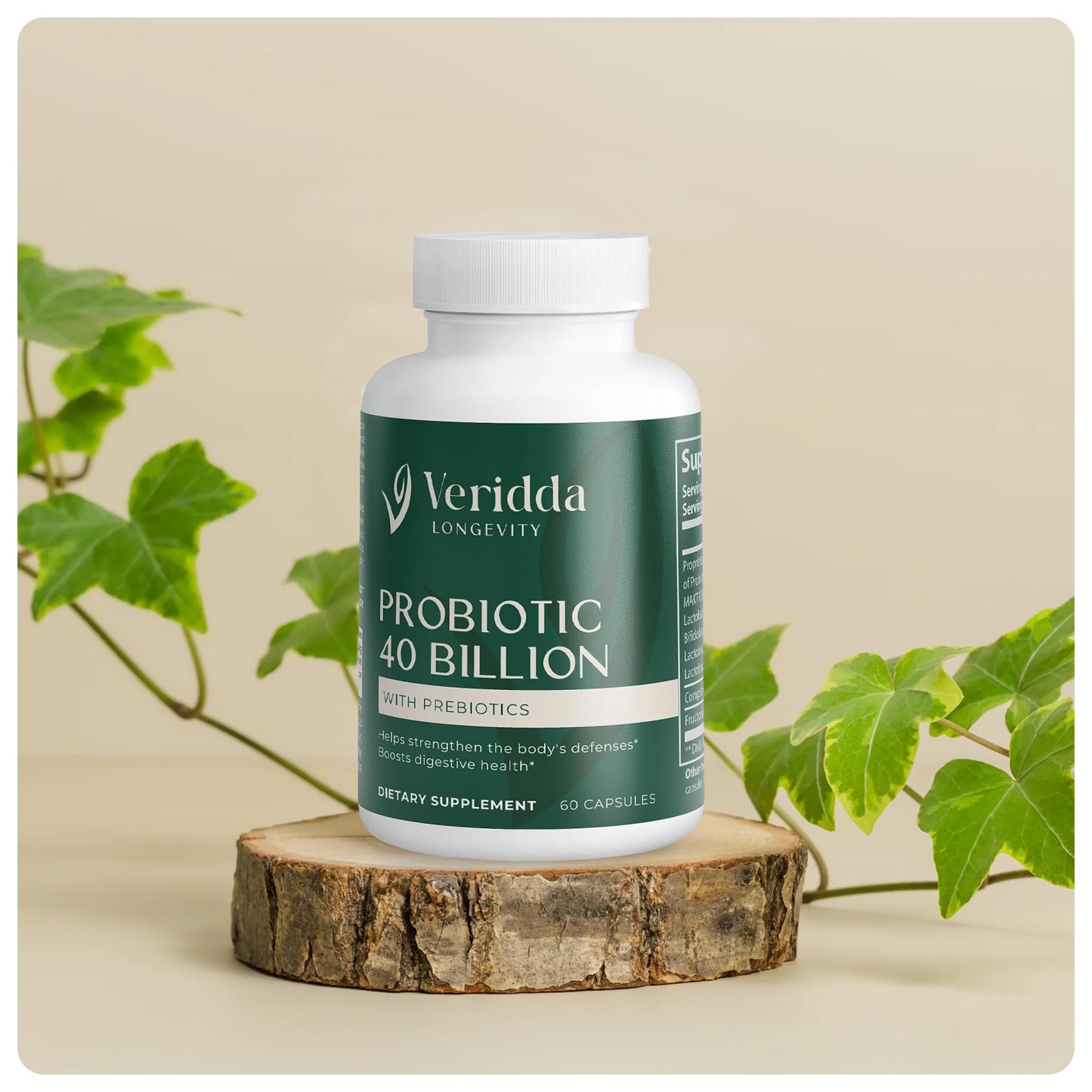 Veridda Longevity Probiotic 40 Billion with Prebiotics, Daily Gut Health for Women & Men, Digestive Support, 60 Capsules