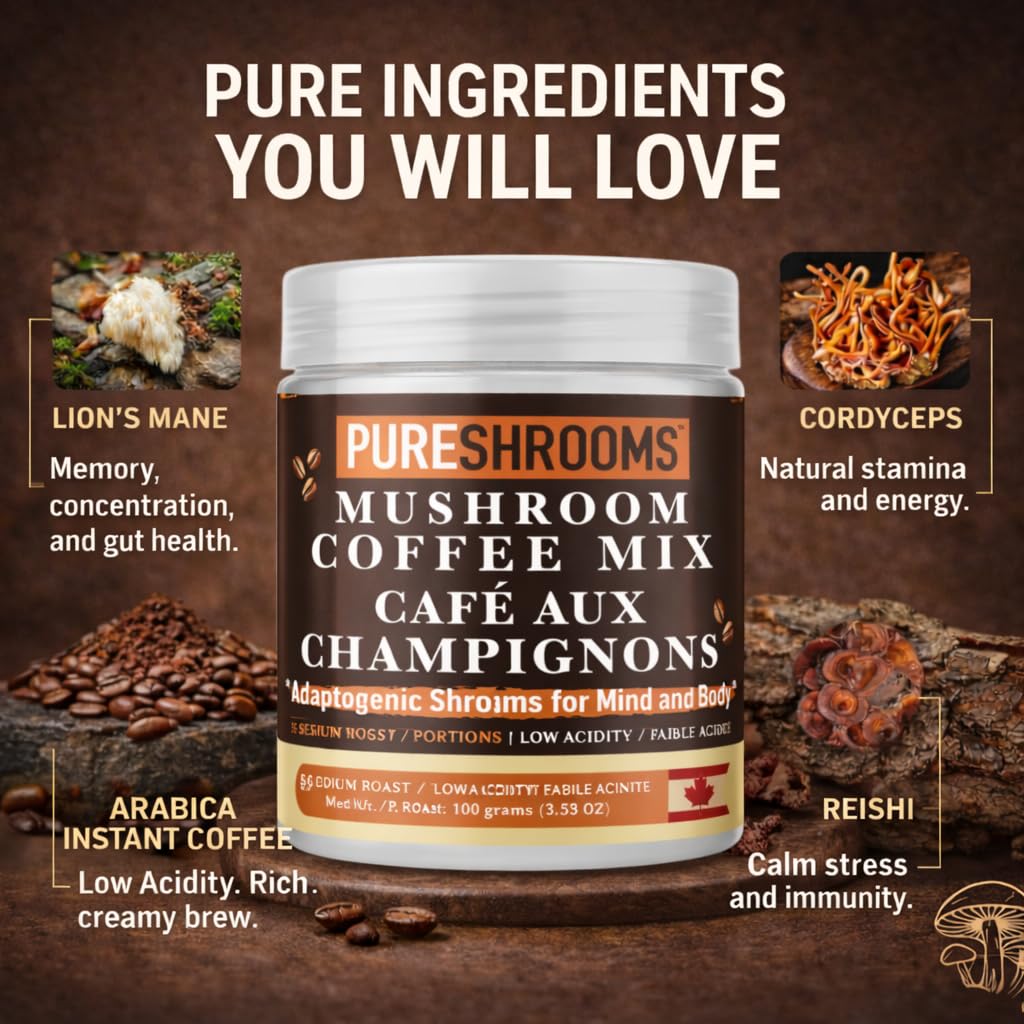 PureShrooms Instant Mushroom Coffee with Organic Lion’s Mane, Reishi & Cordyceps Powder, 3.53 oz
