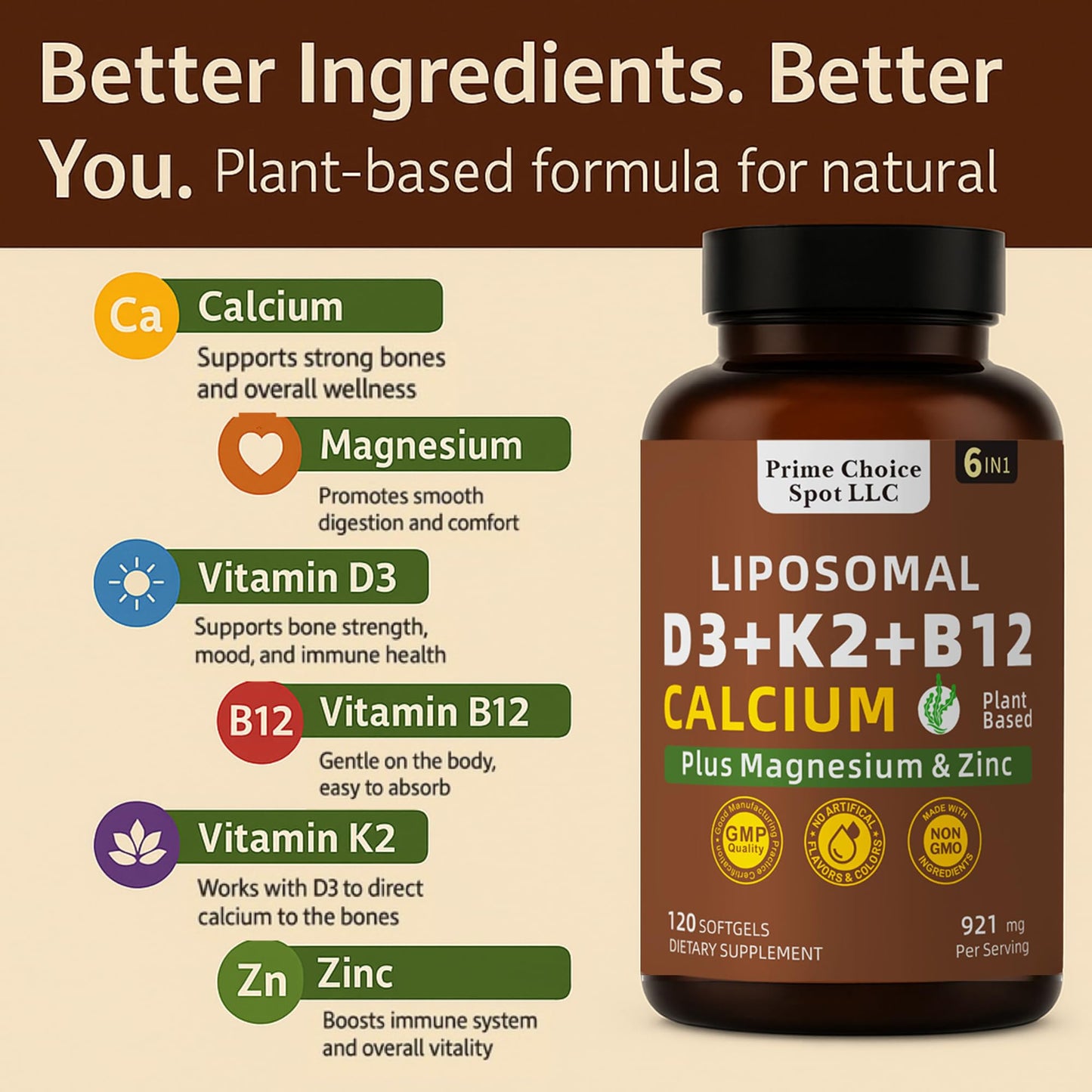 Prime Choice Spot LLC Vitamin D3 K2 B12 with Calcium Magnesium Zinc 5000 IU Softgels 120