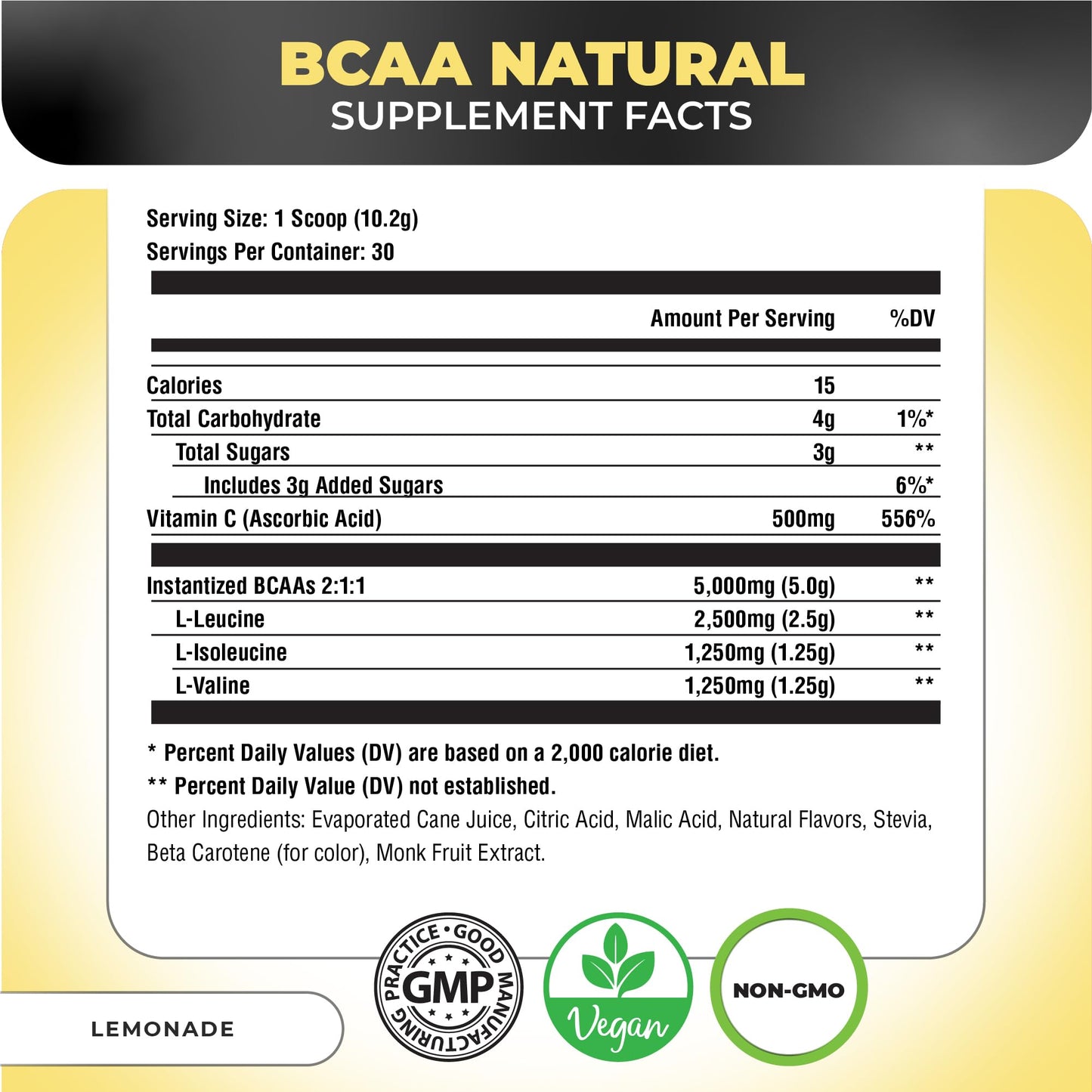 Nutrology BCAA Natural Plant Based Powder Lemonade Flavor, 2:1:1 Amino Acids Ratio, Pre- and Post-Workout Recovery, Vegan, Gluten-Free, Non-GMO, 30 Servings