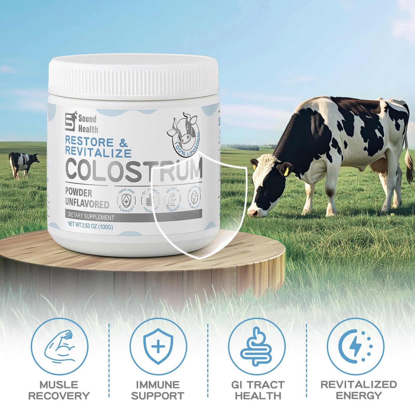 Sound Health Supplements Colostrum Supplement Powder Organic Bovine Colostrum 3.5 Ounce