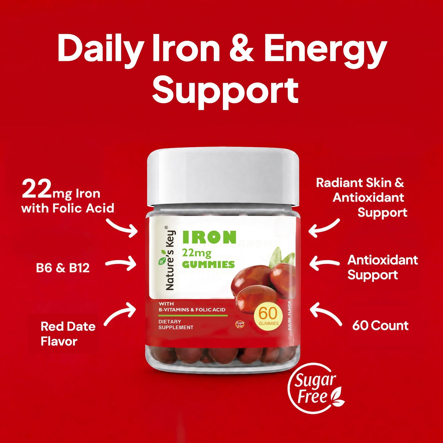 Nature's Key Iron Gummies 22mg Iron Supplement with Folic Acid, B6 & B12, Gummy, 60 Count