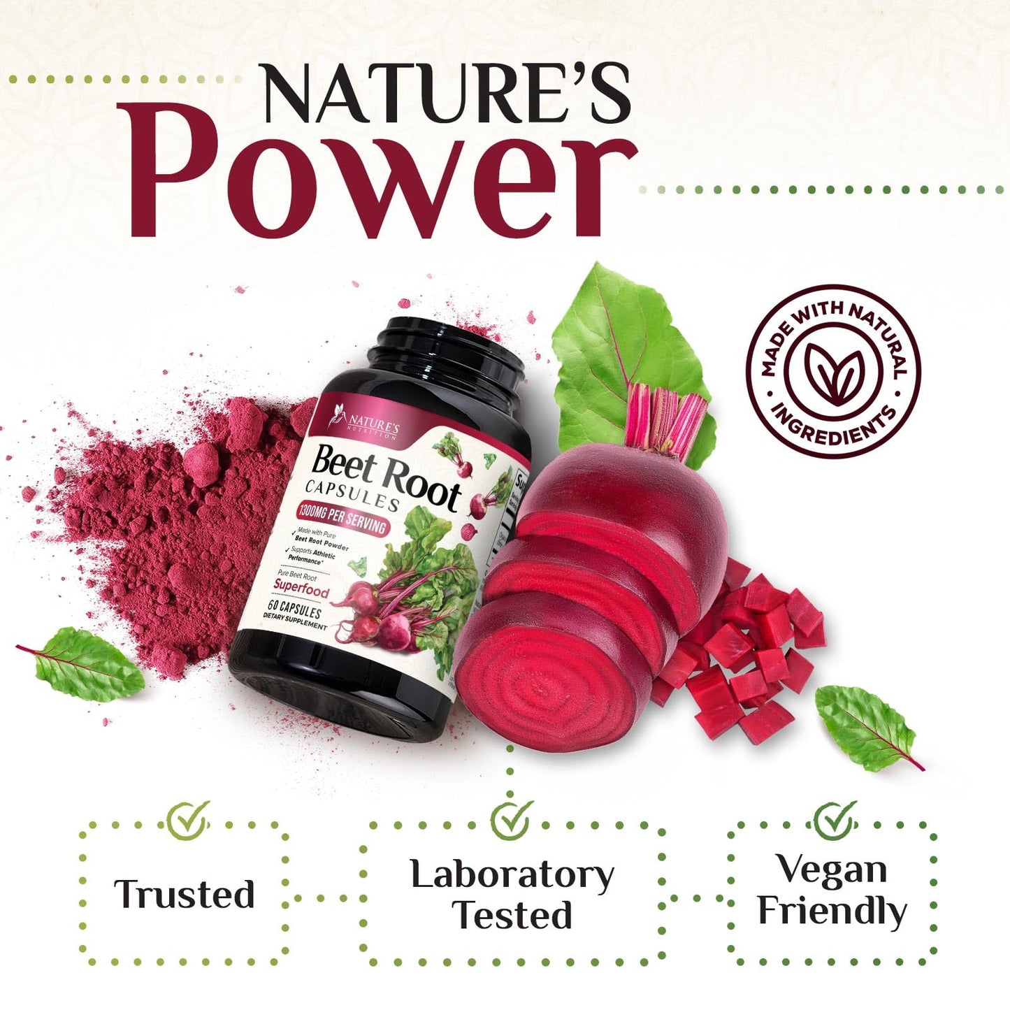 Nature's Nutrition Organic Beet Root 1300mg per Serving - Extra Strength Beetroot Powder Supplement - Supports Nitric Oxide Production, Heart Health & Natural Energy - 60 Capsules