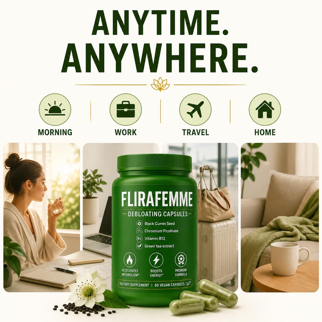 Voluglow Flira Femme Debloating Capsules with Green Tea Extract, Black Cumin Seed, Chromium & Vitamin B12 – 60 Capsules